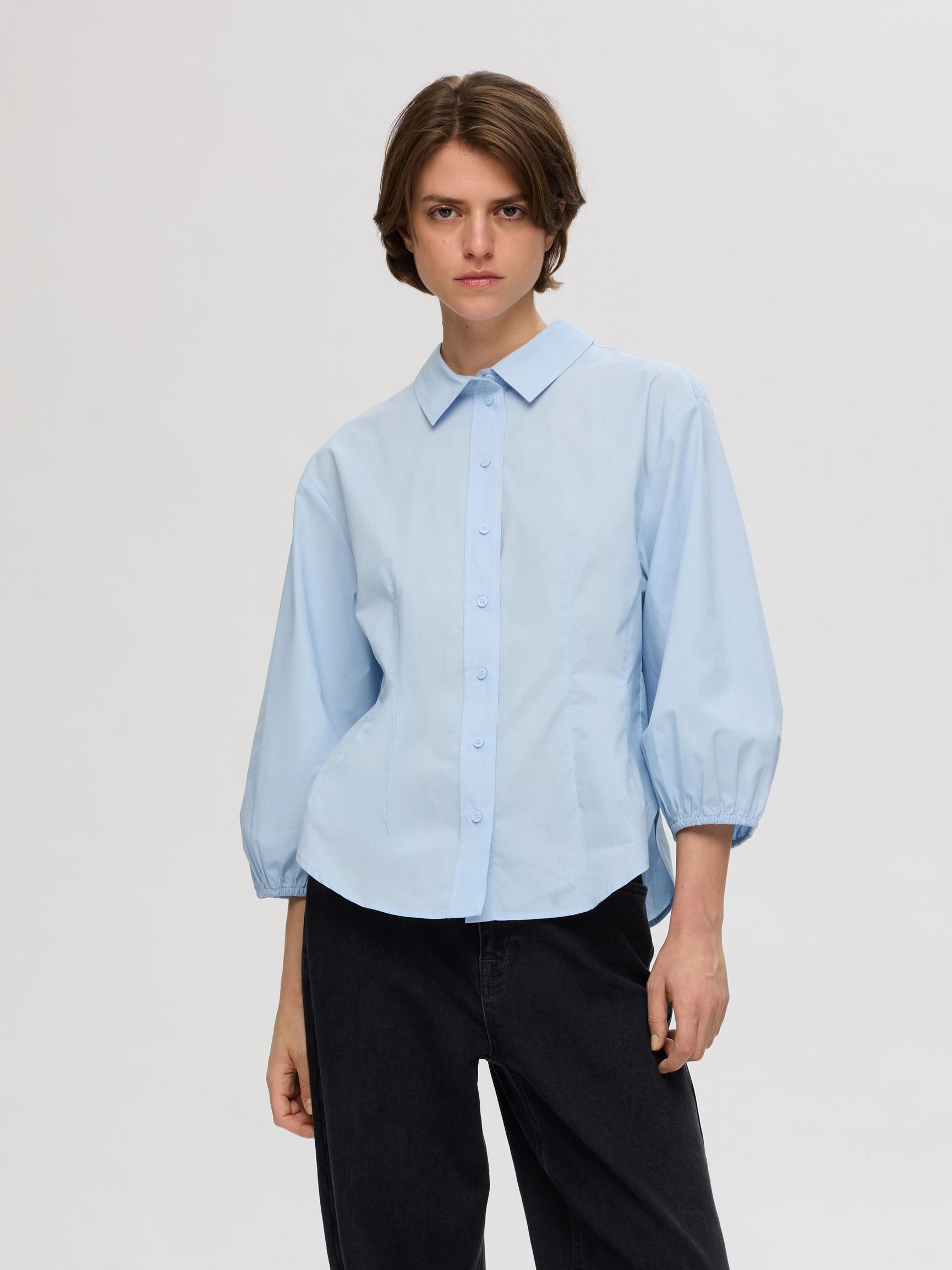 KATOENEN SHIRT MET 3/4 MOUWEN, Cashmere Blue, highres