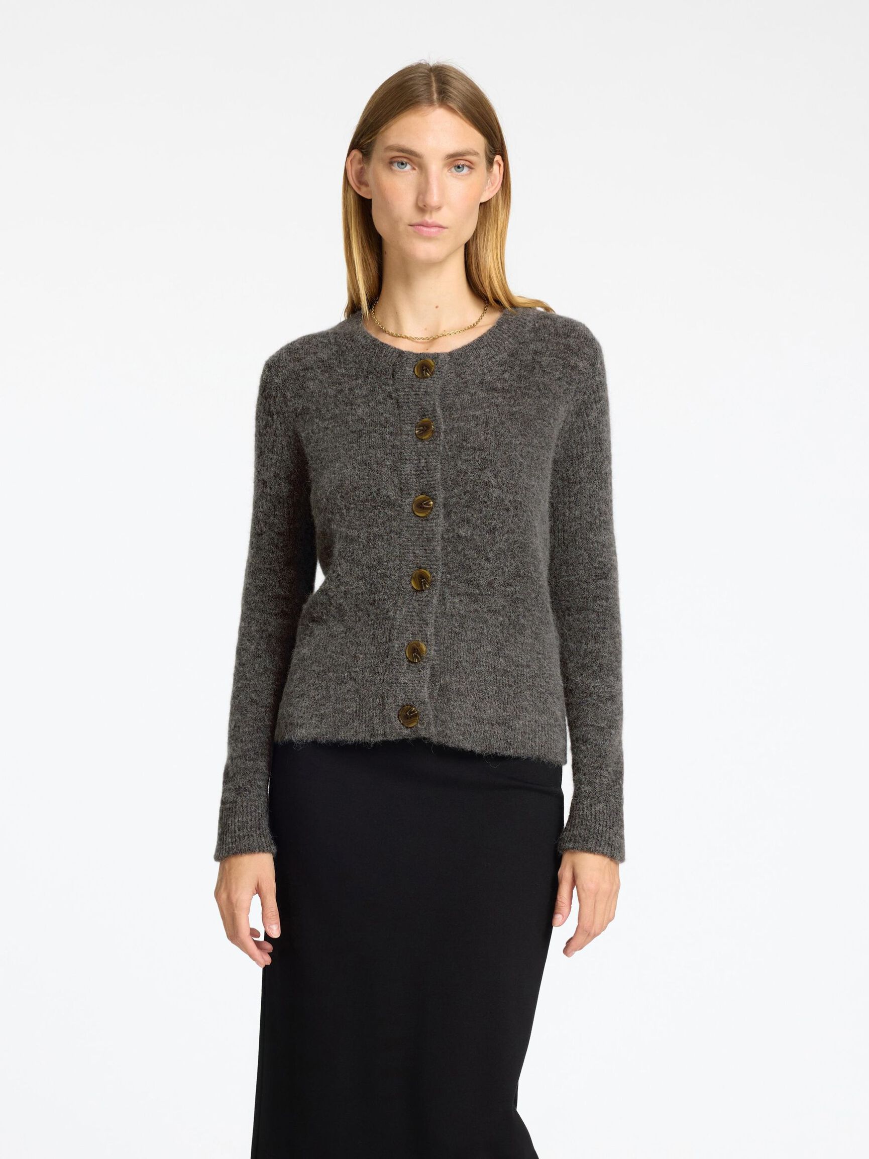 WOOL BLEND KNITTED CARDIGAN, Medium Grey Melange, highres