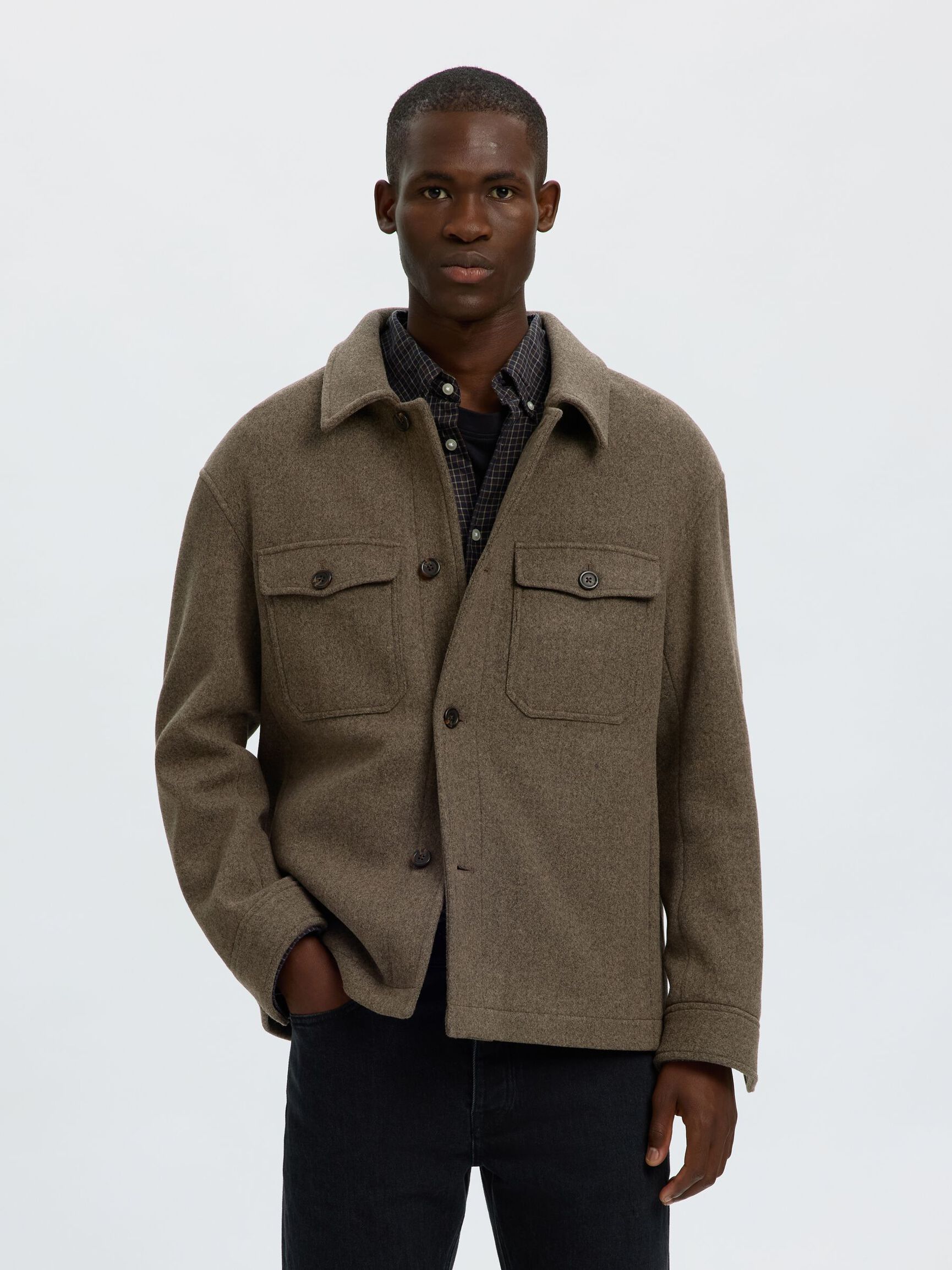 WOOL BLEND SHACKET, Chocolate Torte, highres