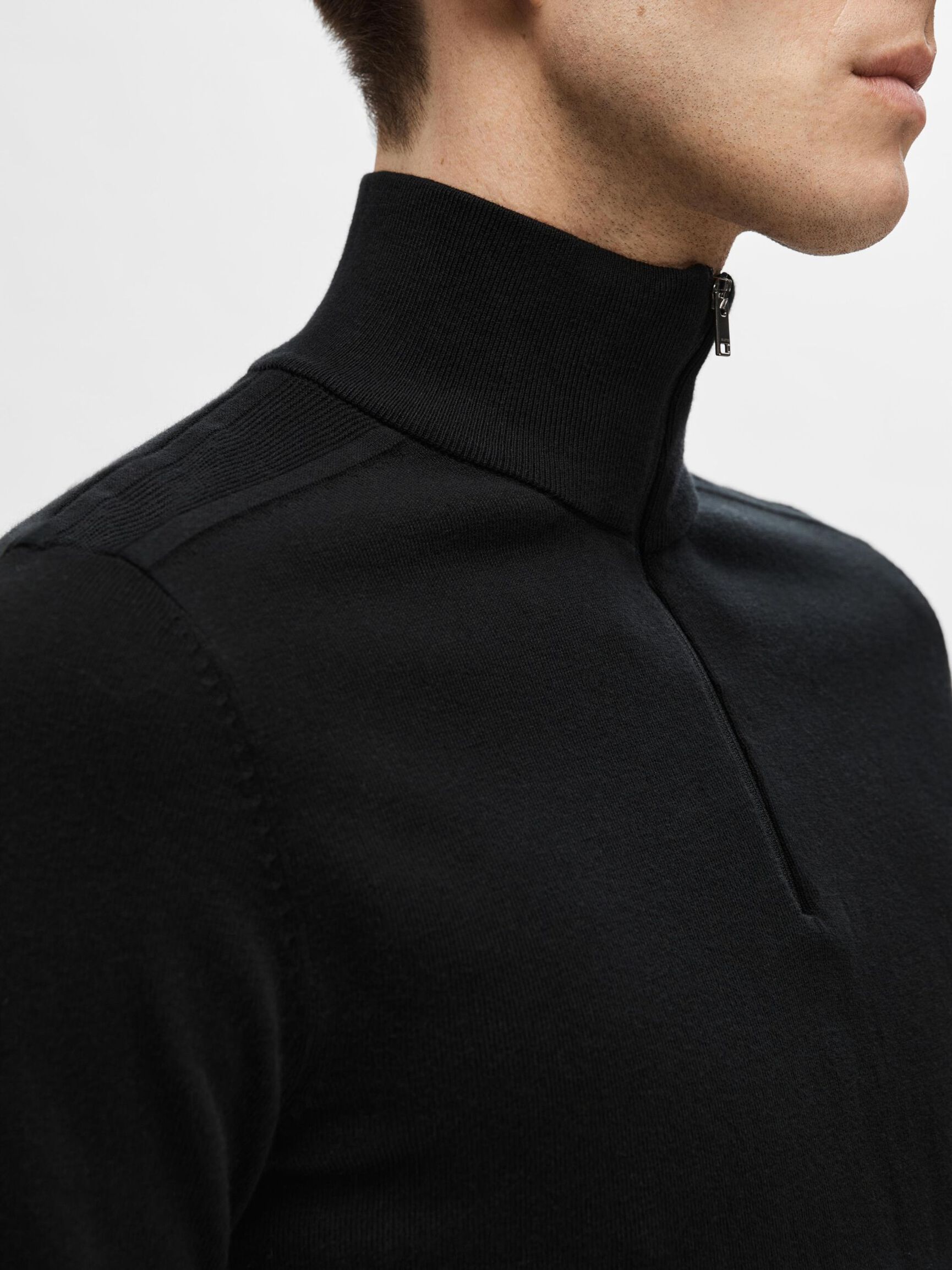 HALF-ZIP STRICKPULLOVER, Black, highres