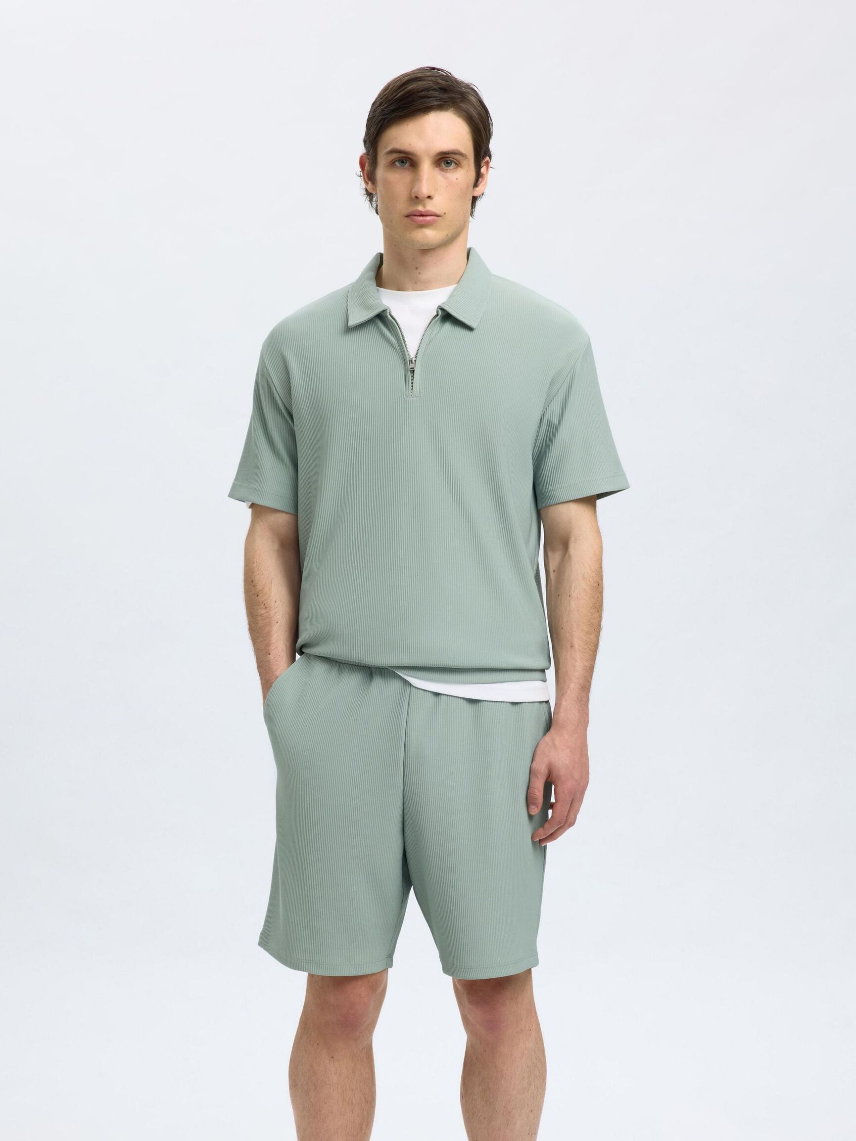 HALF-ZIP PLISSEE POLO SHIRT, Iceberg Green, highres