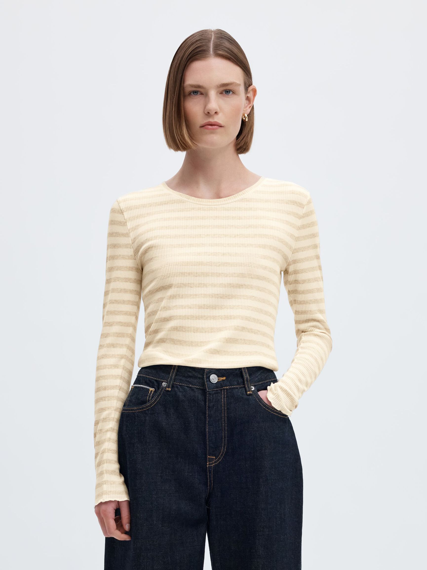 STRIPED LONG-SLEEVED T-SHIRT, Oatmeal, highres