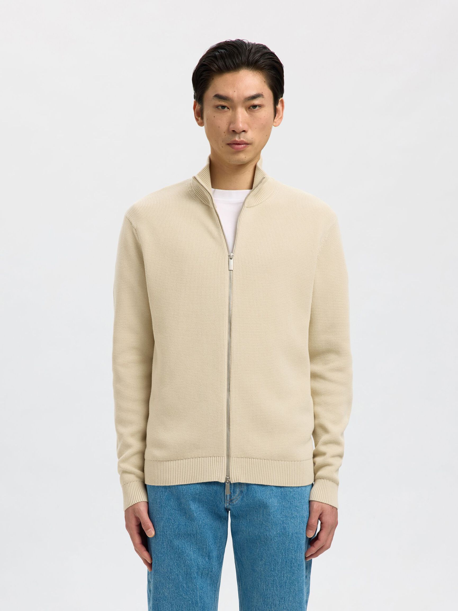ZIPPED HIGH NECK KNITTED CARDIGAN, Oatmeal, highres
