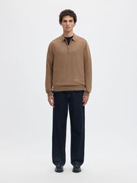 KNITTED LONG-SLEEVED POLO, Teak, highres
