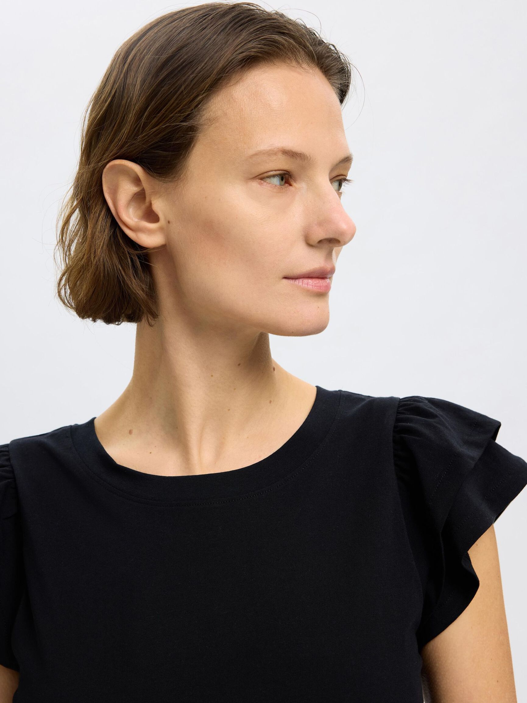 COTTON RUFFLED T-SHIRT, Black, highres