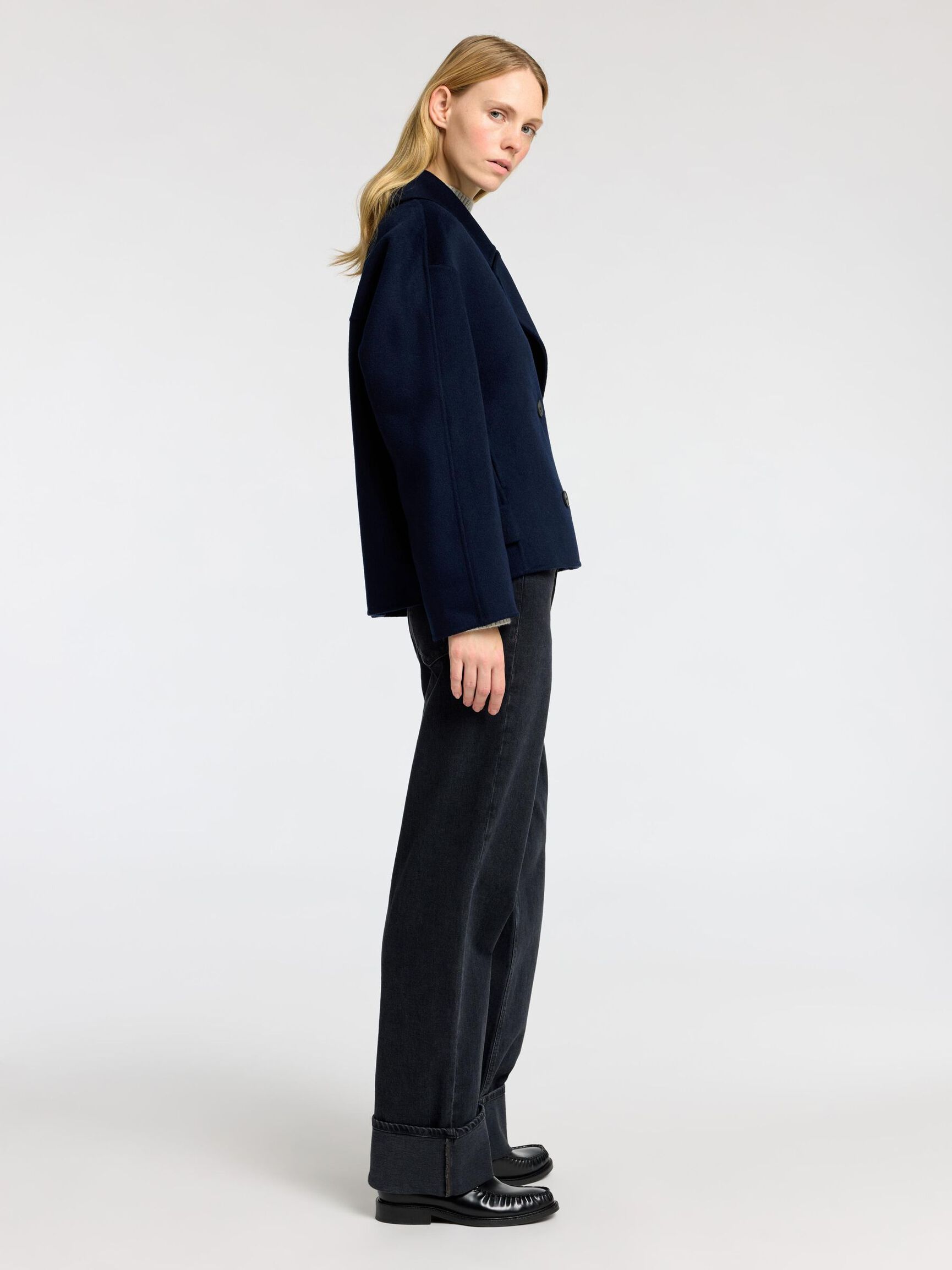 DOUBLE BREASTED WOOL BLEND COAT, Dark Sapphire, highres