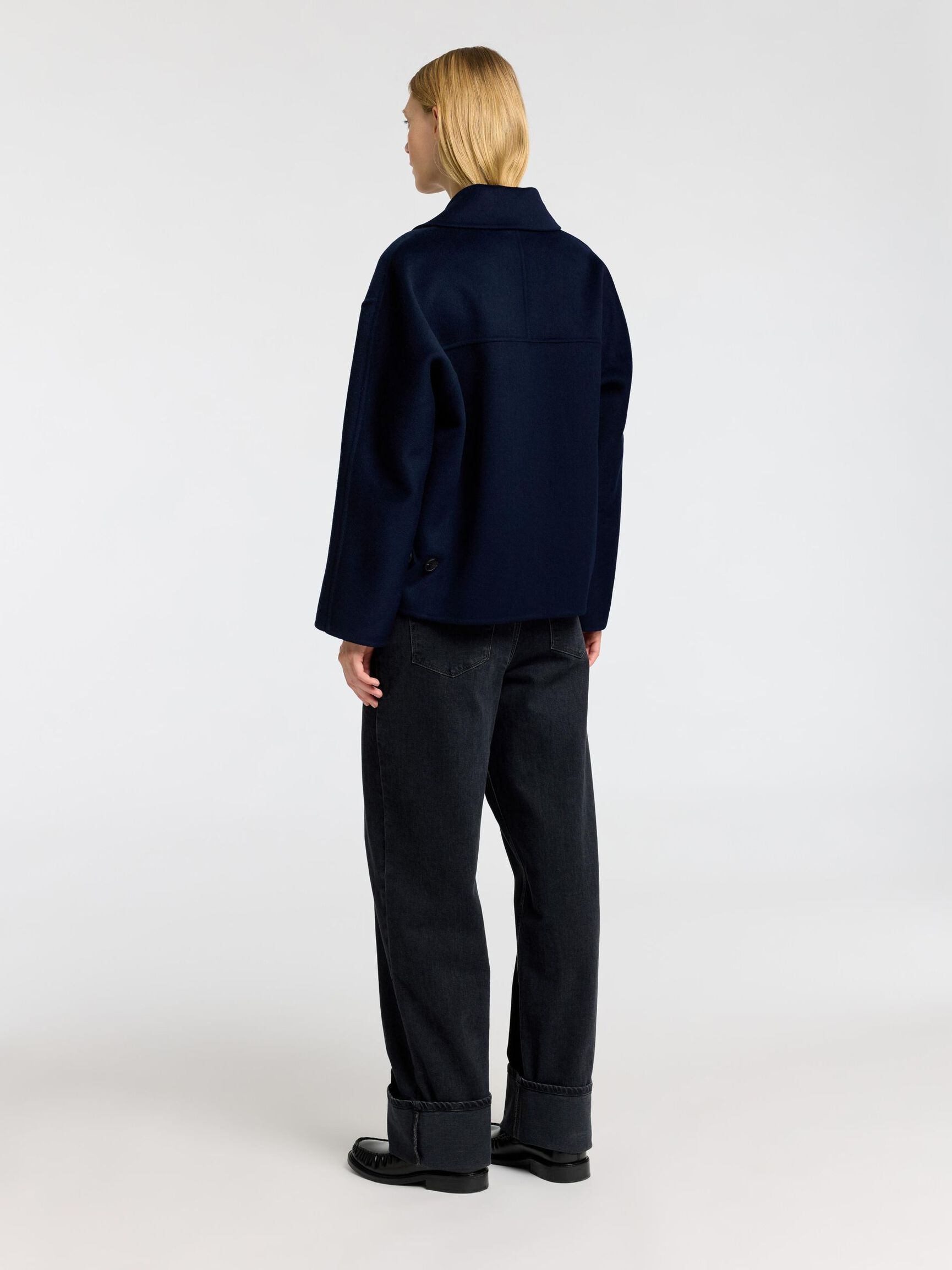 DOUBLE BREASTED WOOL BLEND COAT, Dark Sapphire, highres