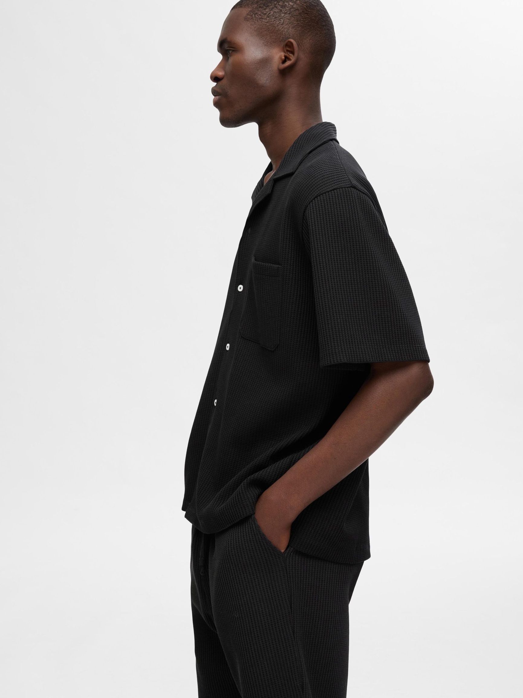 WAFFLED SHORT SLEEVED SHIRT, Black, highres