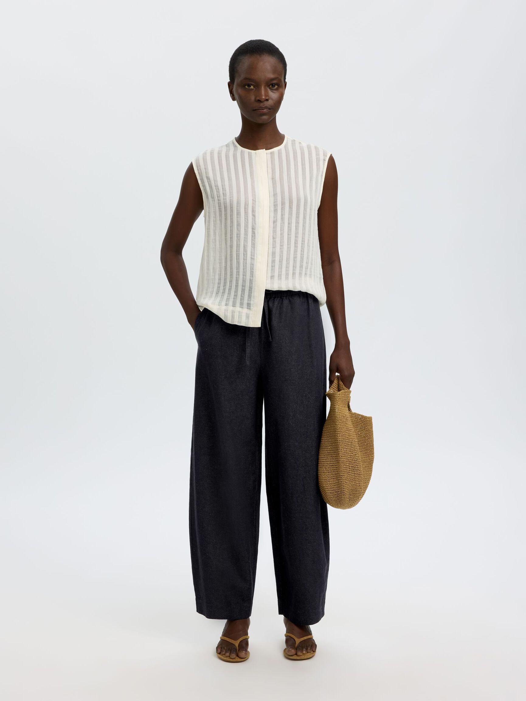 COTTON BLEND BARREL FIT TROUSERS, Dark Navy, highres