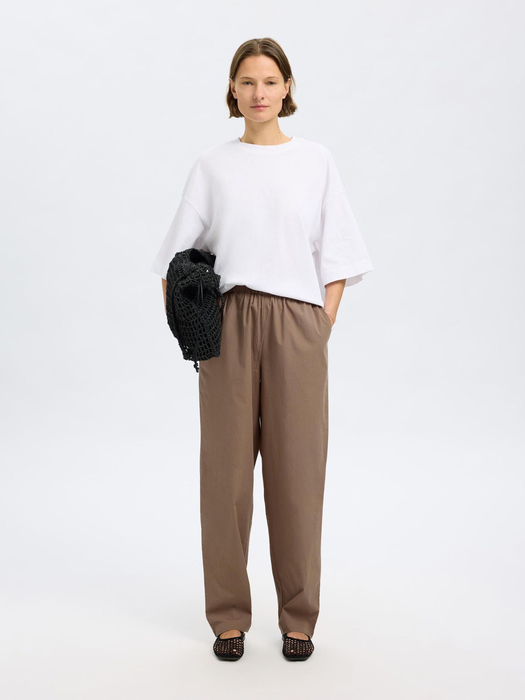 COTTON HIGH WAISTED TROUSERS, Coca Mocha, highres