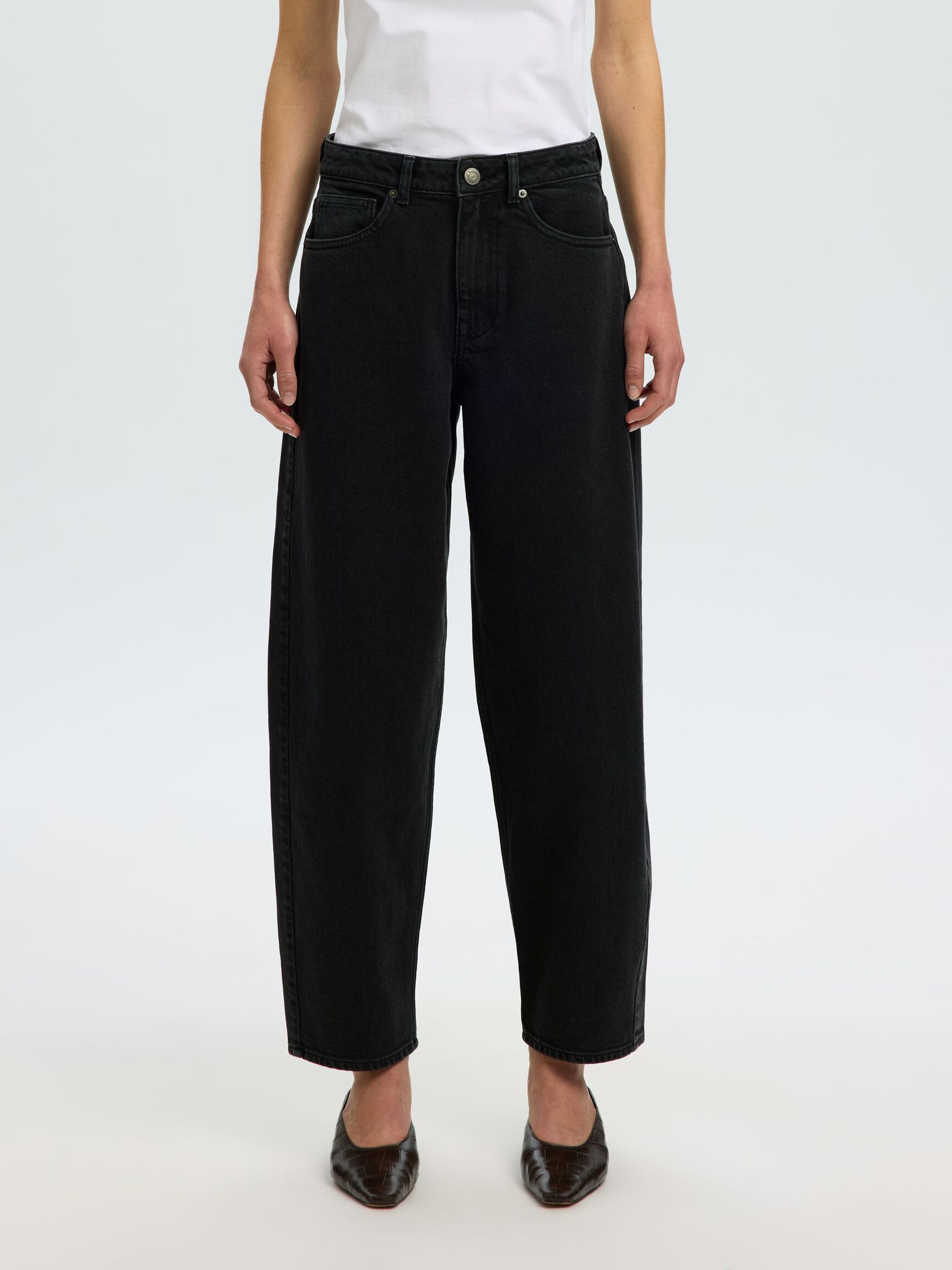 HIGH WAIST BARREL FIT JEANS, Black Denim, highres