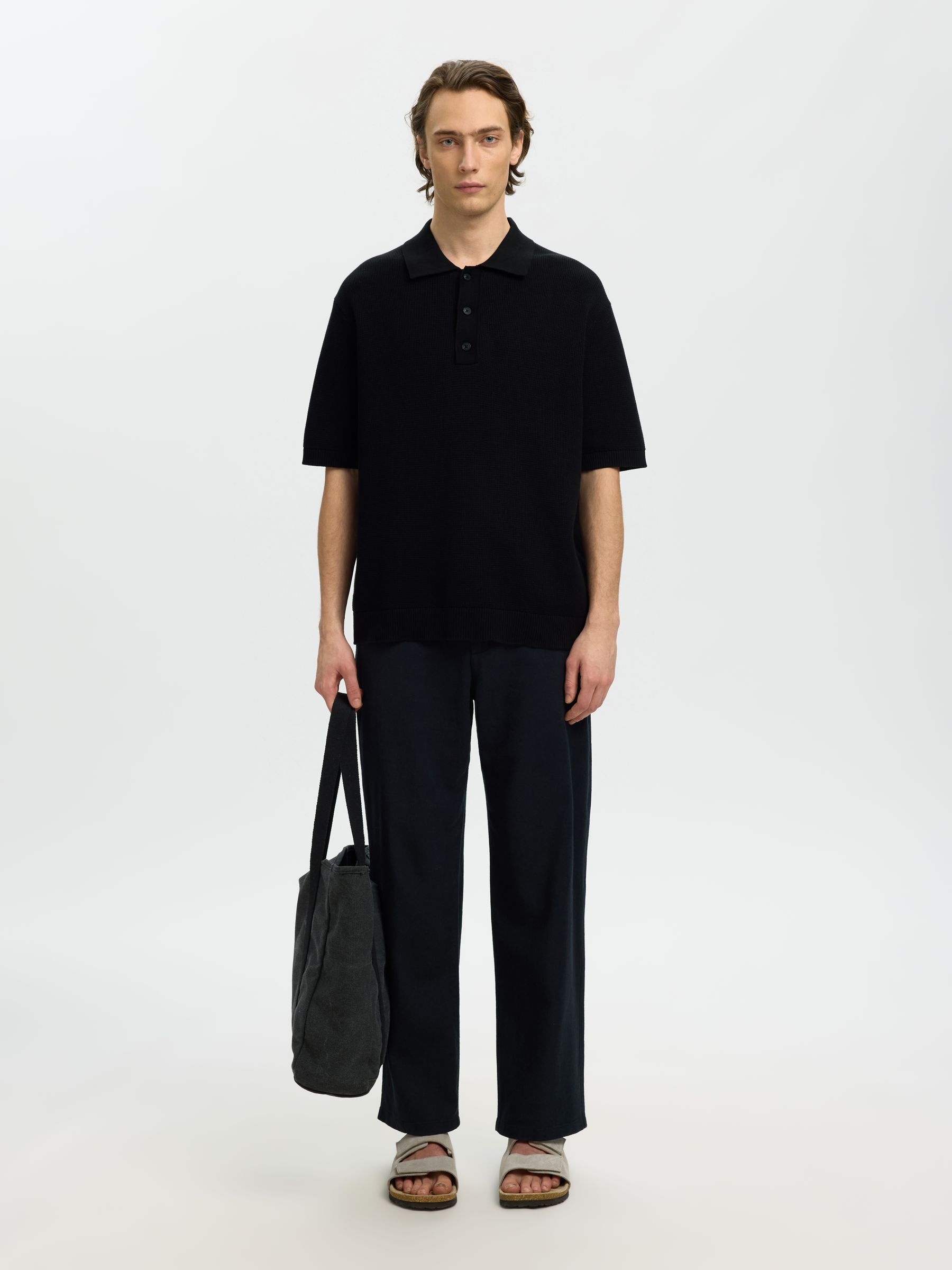 RELAXED FIT POLOHEMD AUS STRICK, Black, highres