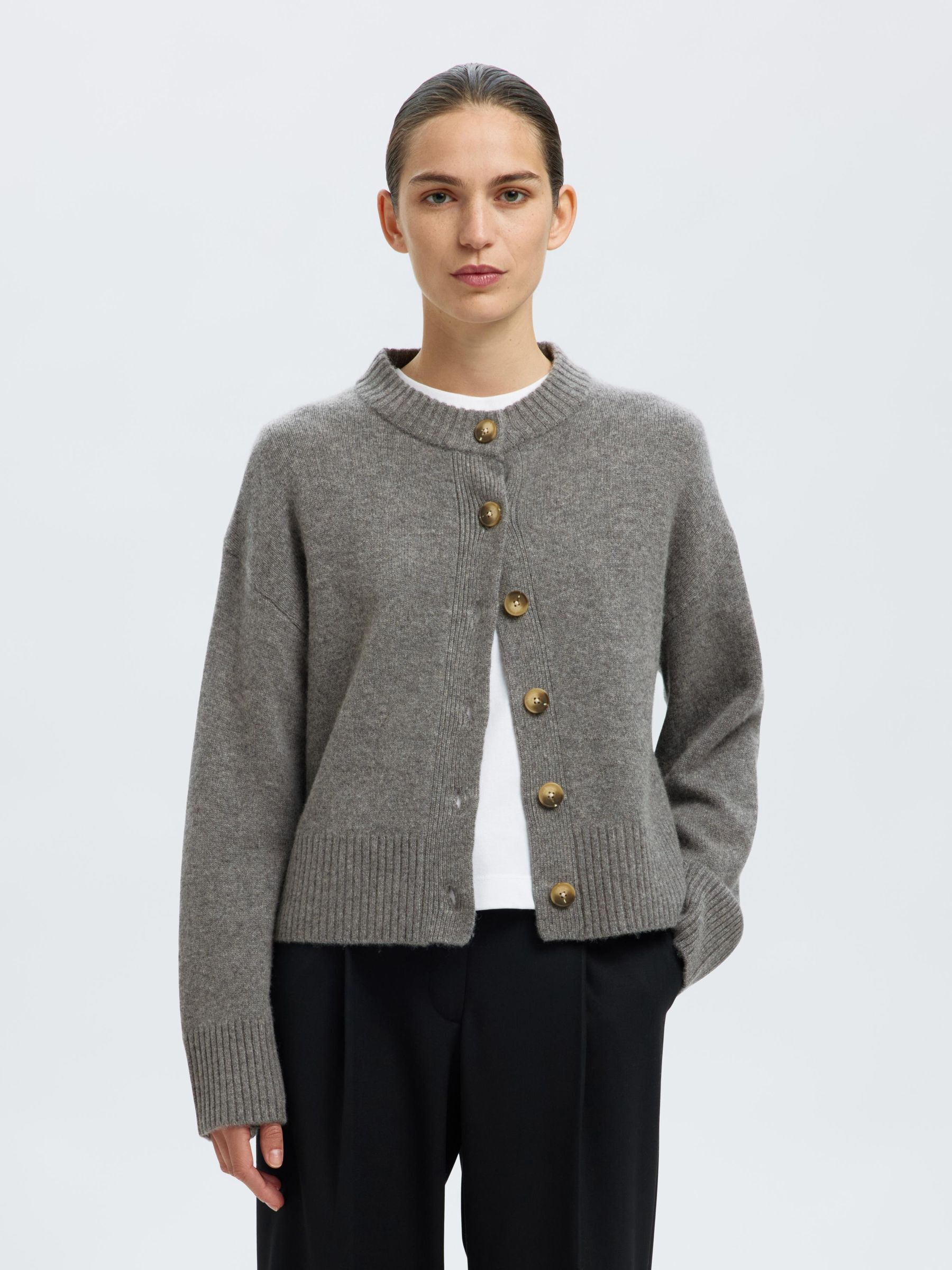 WOLL-KASCHMIR-MIX STRICKJACKE, Medium Grey Melange, highres