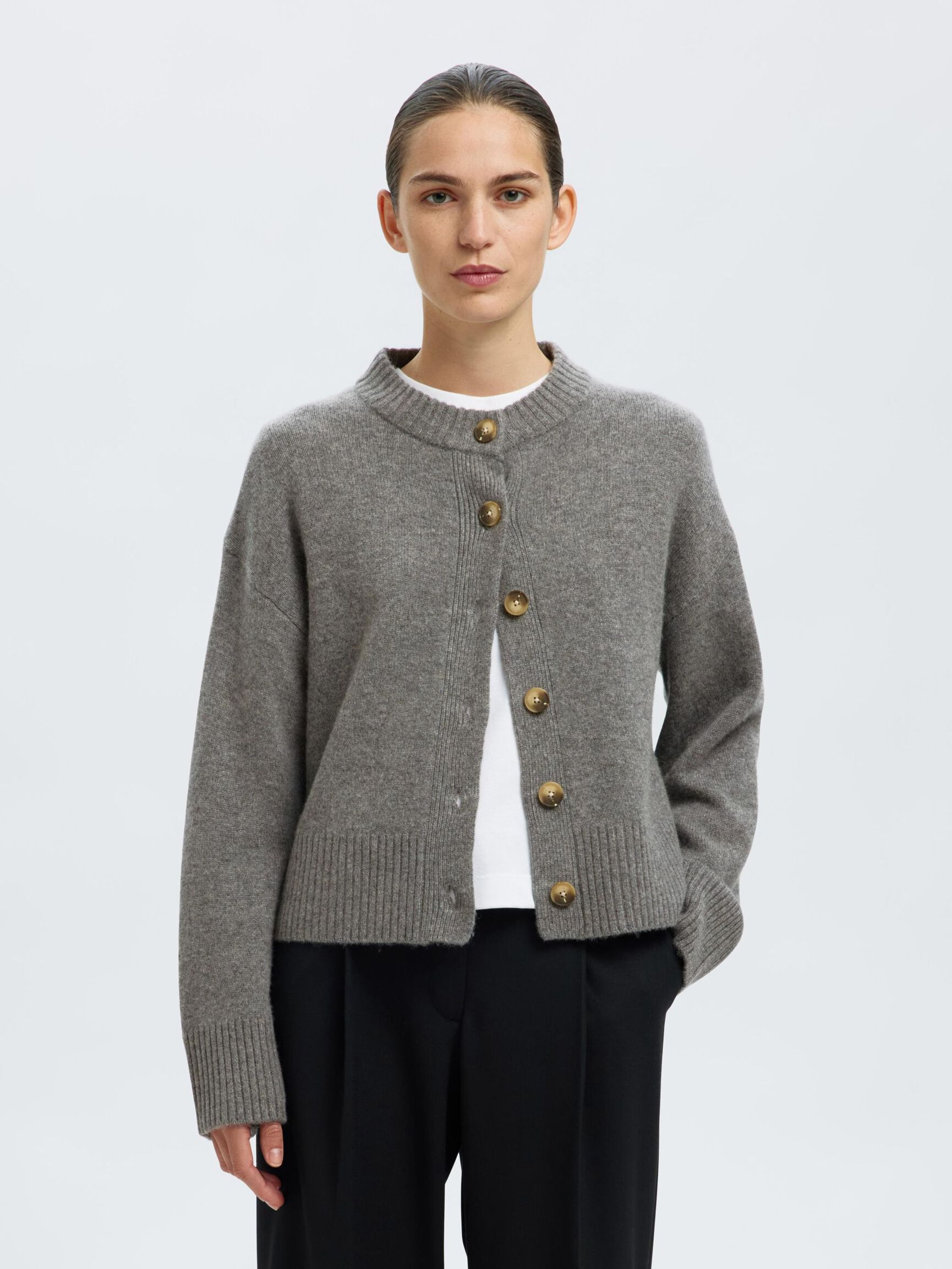 WOLL-KASCHMIR-MIX STRICKJACKE, Medium Grey Melange, highres