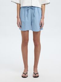 MID WAIST LINEN-BLEND SHORTS, Cashmere Blue, highres