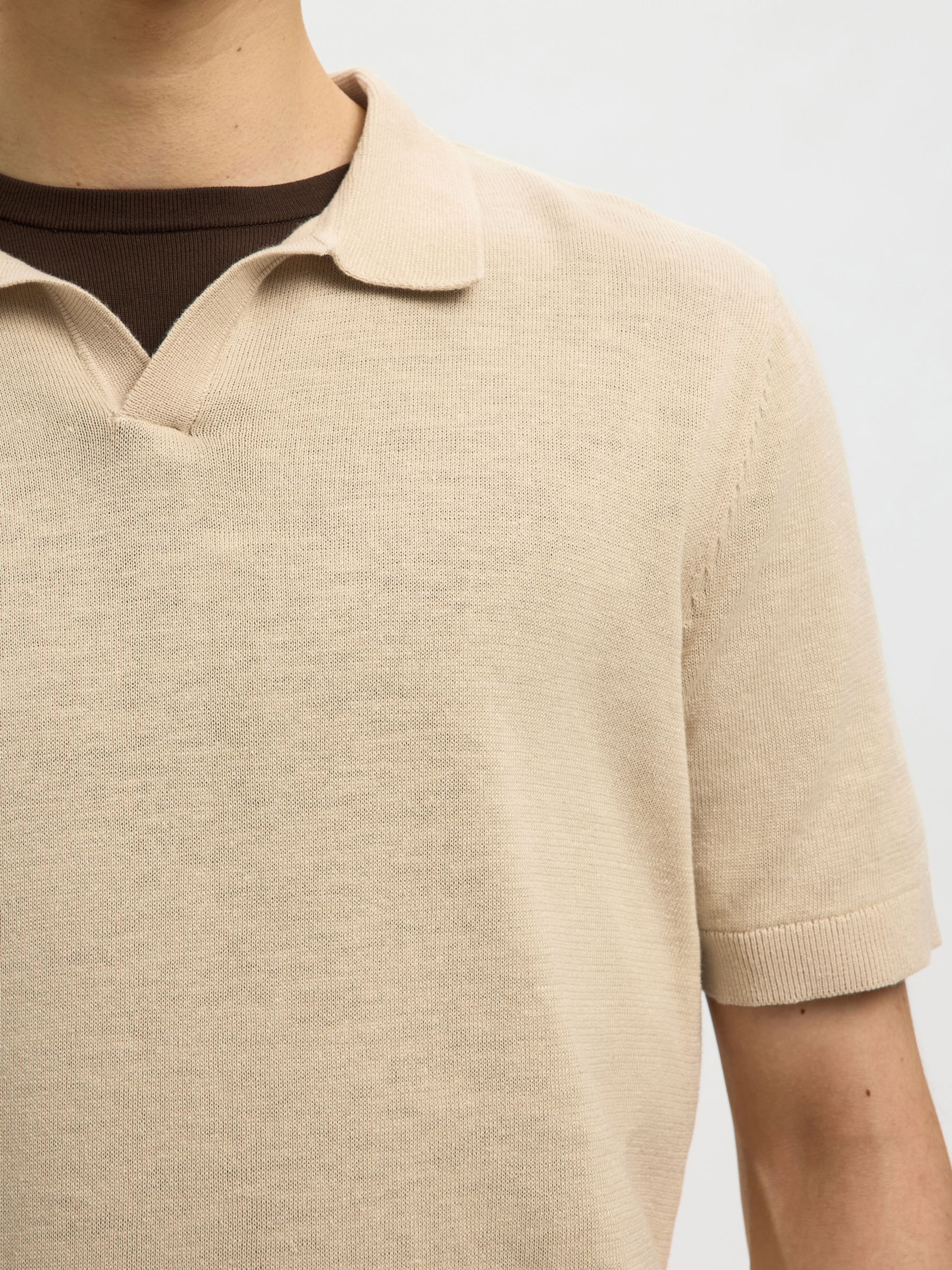 KORTÆRMET STRIKKET POLOSHIRT, Oatmeal, highres