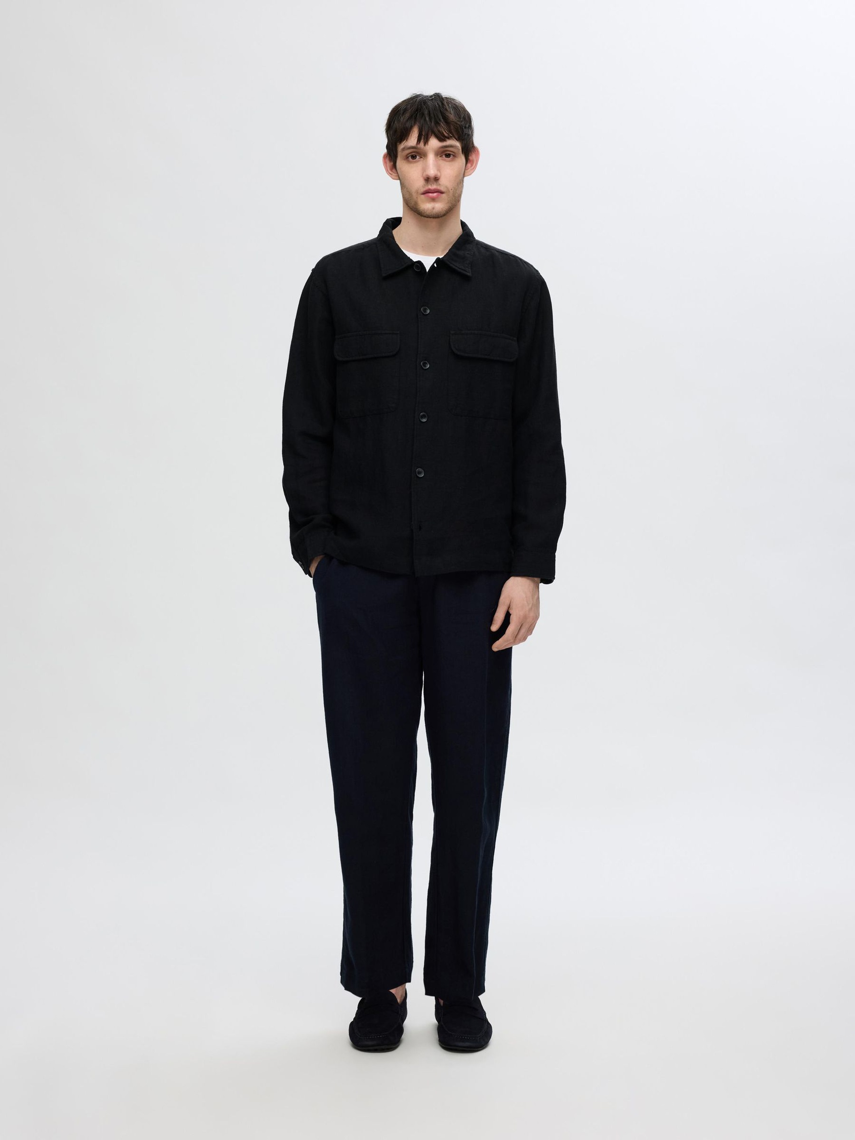 LONGSLEEVE LINNENMIX OVERSHIRT, Black, highres