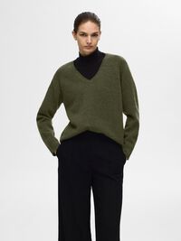 WOLLGEMISCH V-AUSSCHNITT PULLOVER, Kalamata, highres