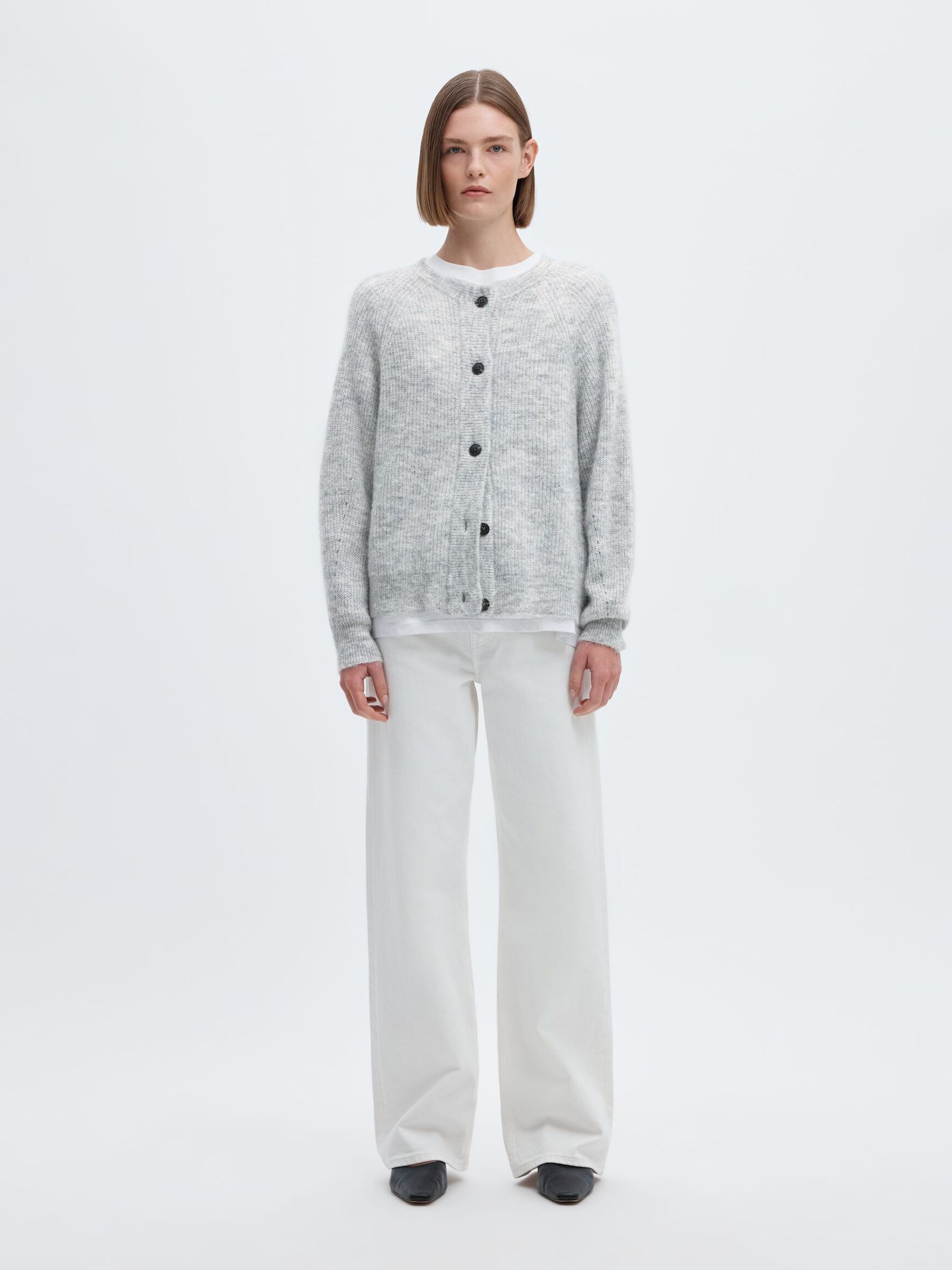 WOOL BLEND CARDIGAN, Light Grey Melange, highres