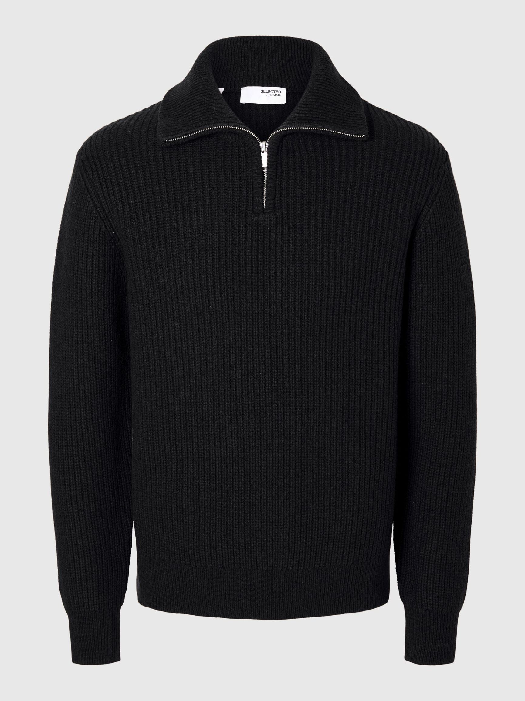 WOLLGEMISCH STRICK HALF-ZIP PULLOVER, Black, highres