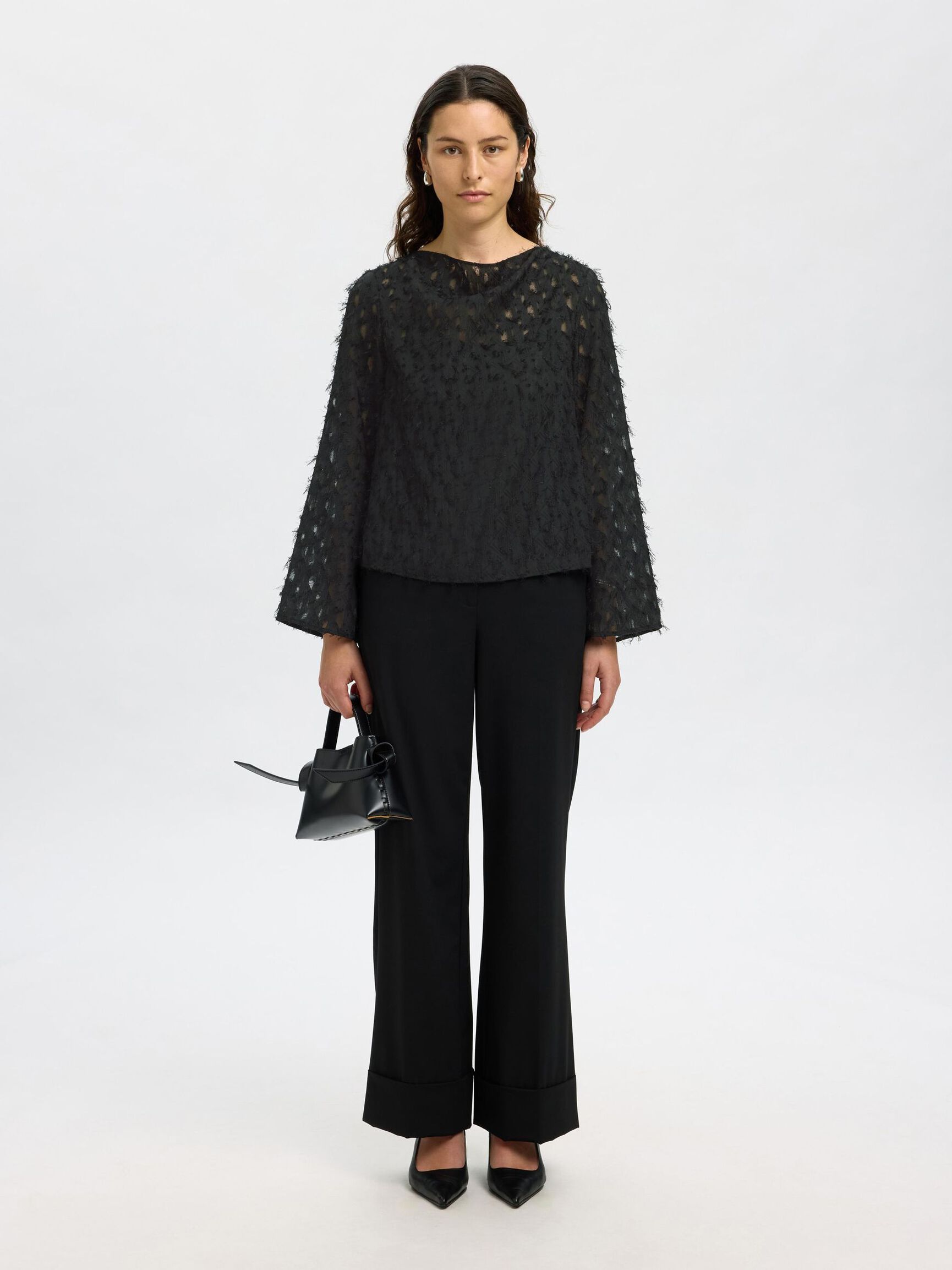 JACQUARD COL BATEAU BLOUSE, Black, highres