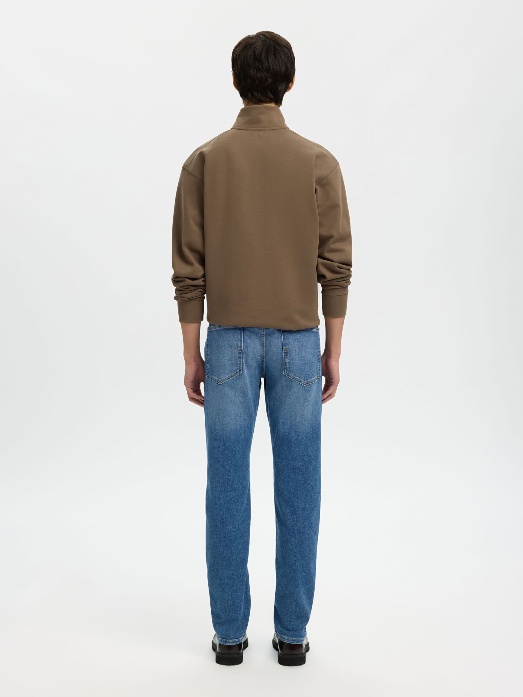 RIBBED HALF ZIP LONG-SLEEVED POLO, Morel, highres