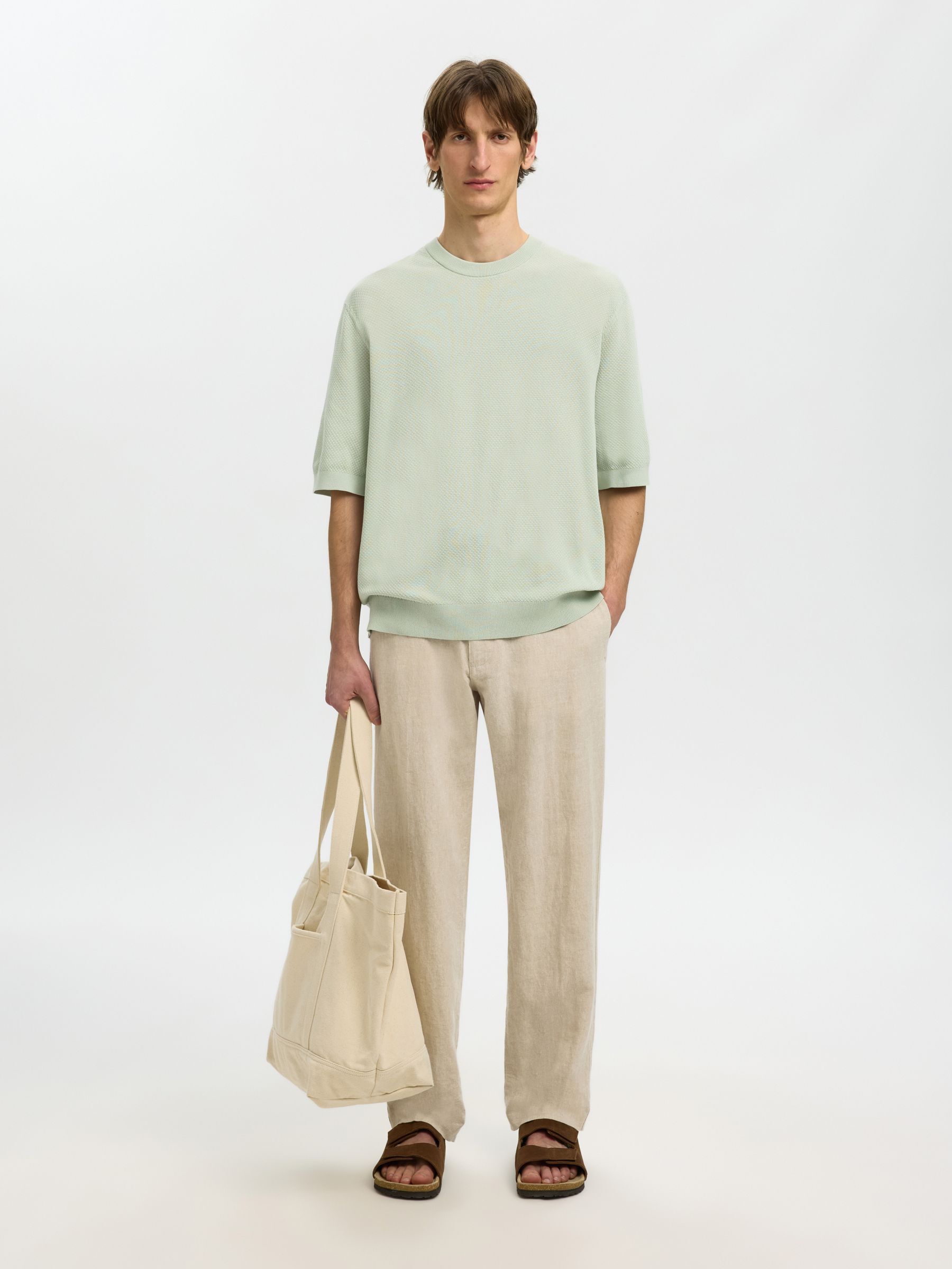 KNITTED COTTON T-SHIRT, Aqua Gray, highres