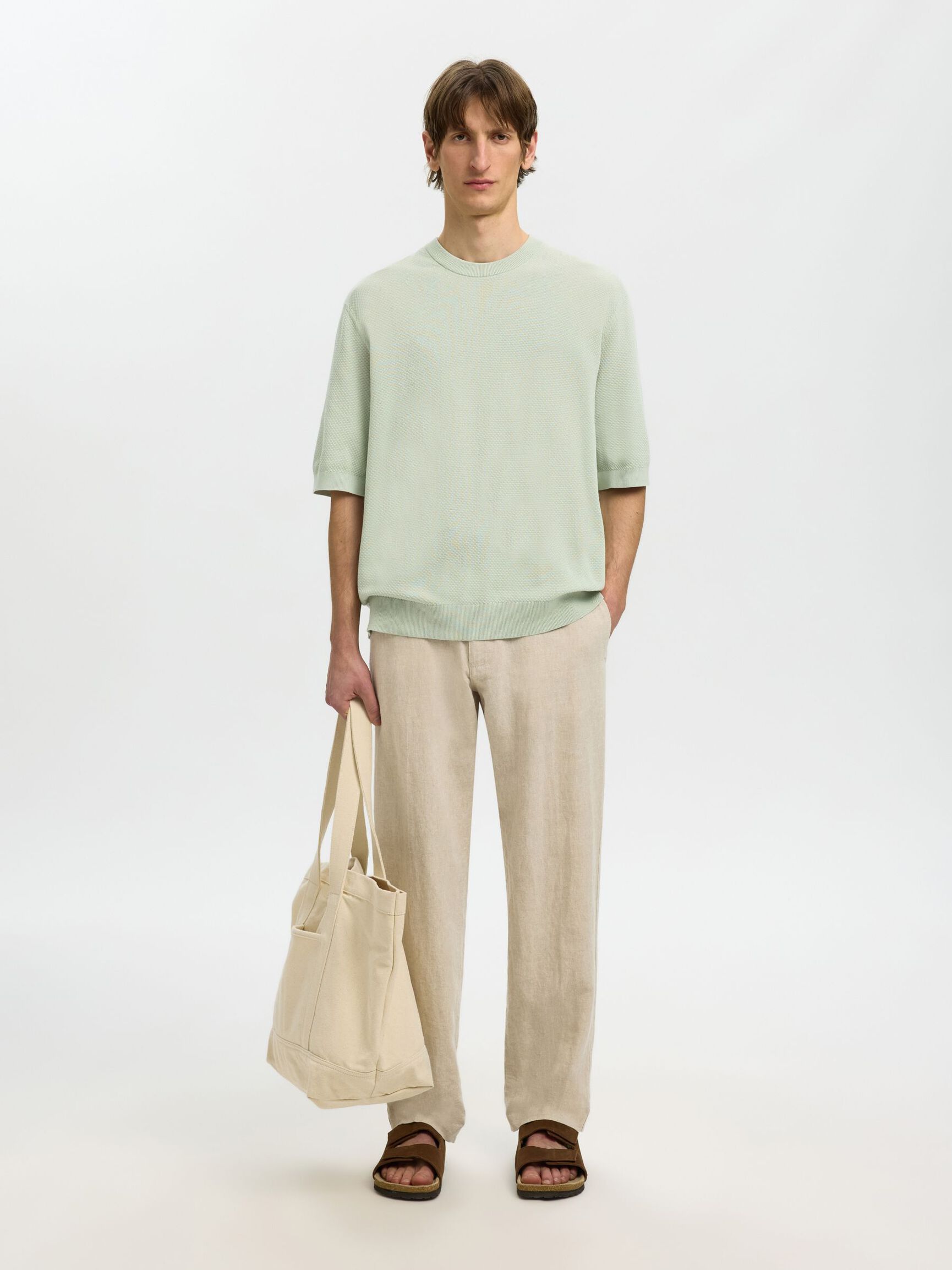 KNITTED COTTON T-SHIRT, Aqua Gray, highres