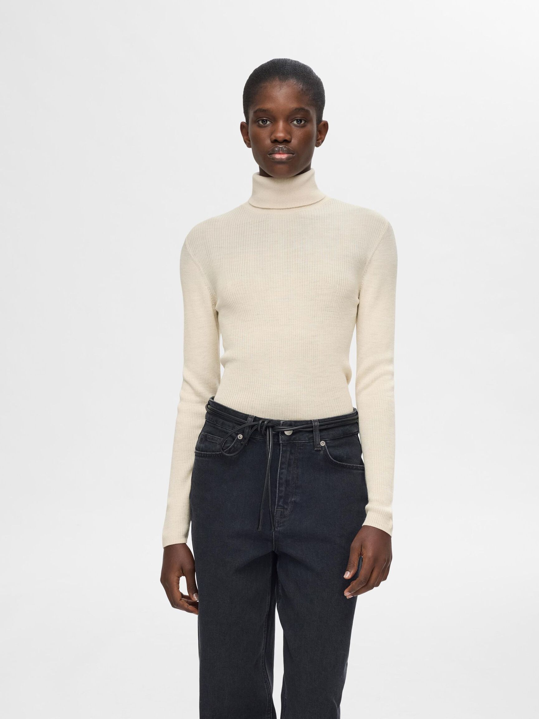 RIBBED WOOL BLEND TURTLENECK, Birch, highres