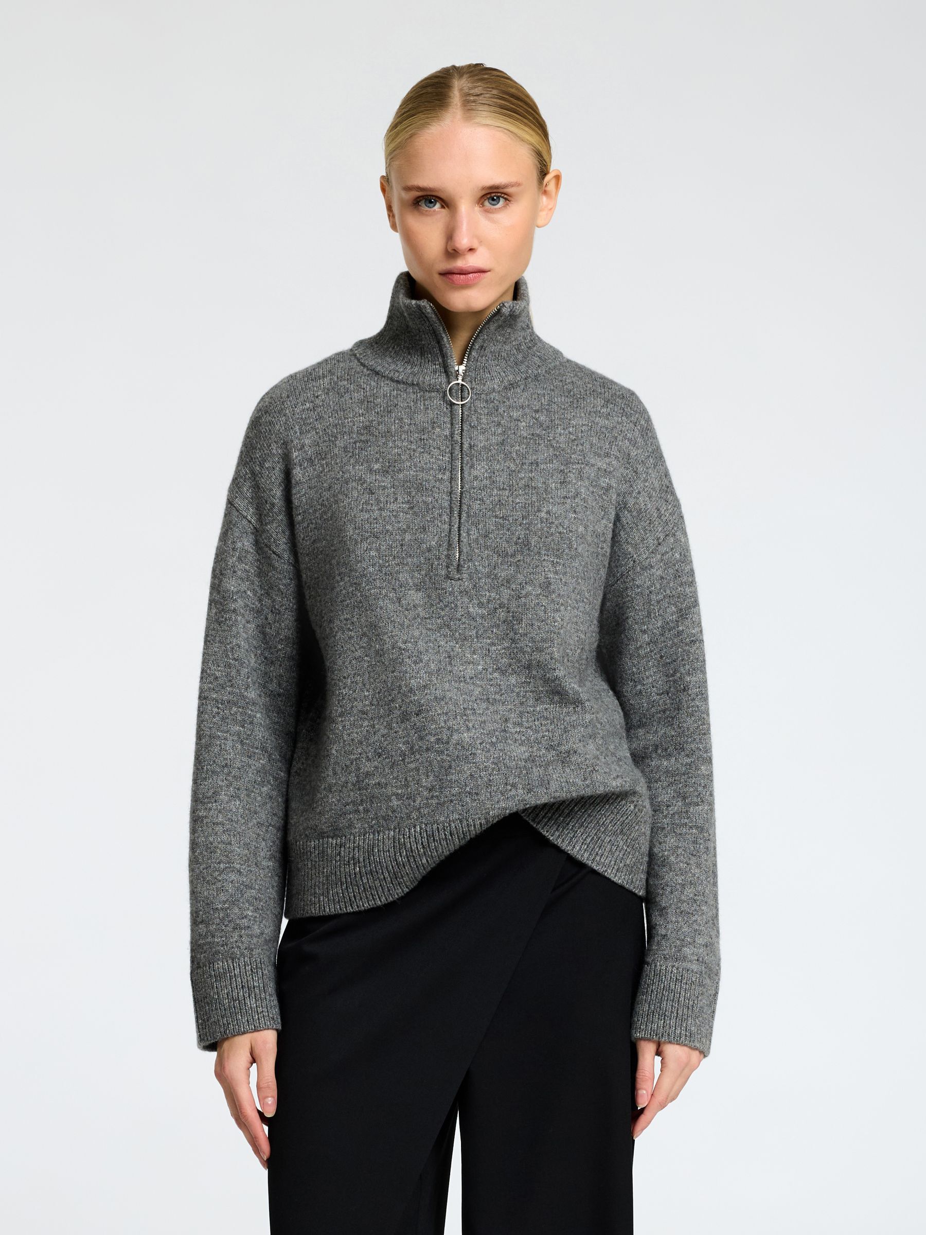 WOOL BLEND HALF-ZIP JUMPER, Medium Grey Melange, highres