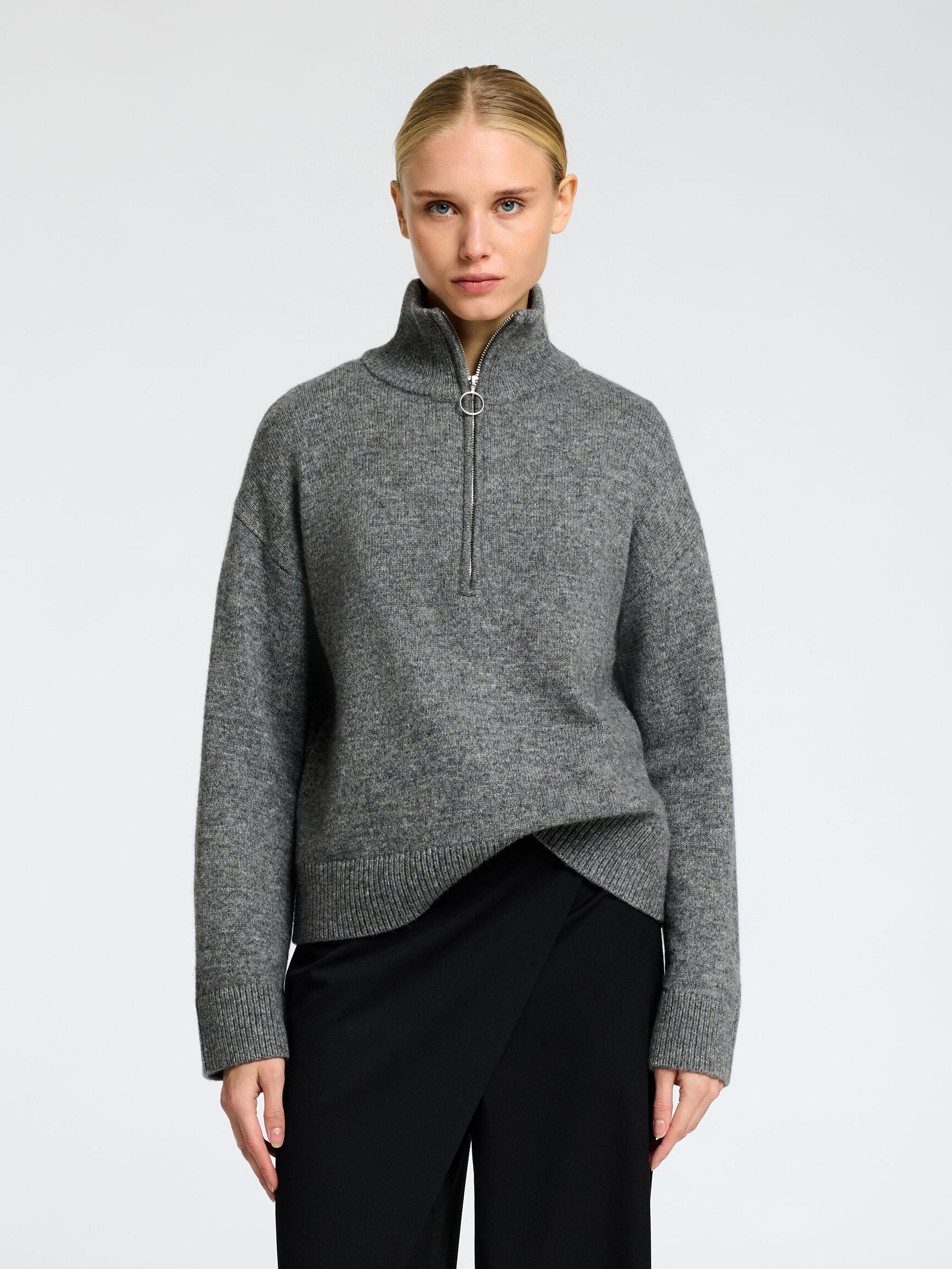 WOOL BLEND HALF-ZIP JUMPER, Medium Grey Melange, highres