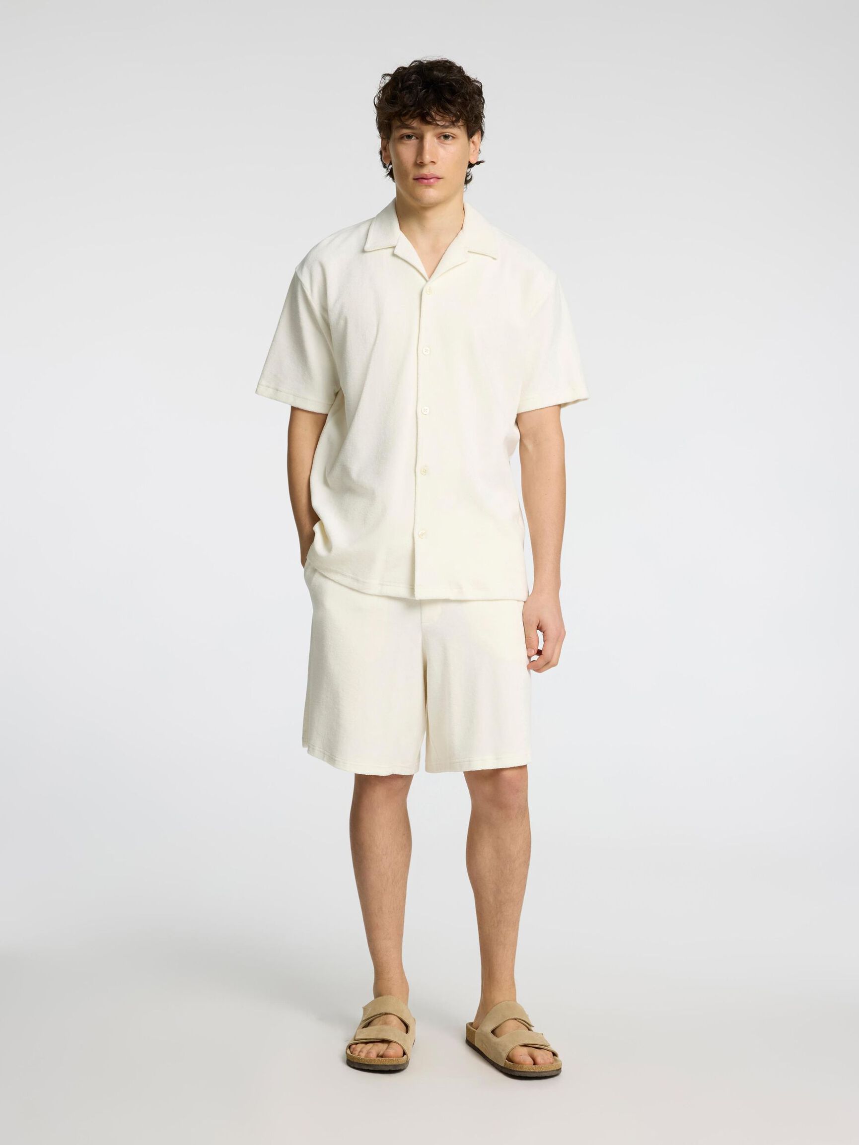 TERRYCLOTH CHEMISE À MANCHES COURTES, Egret, highres