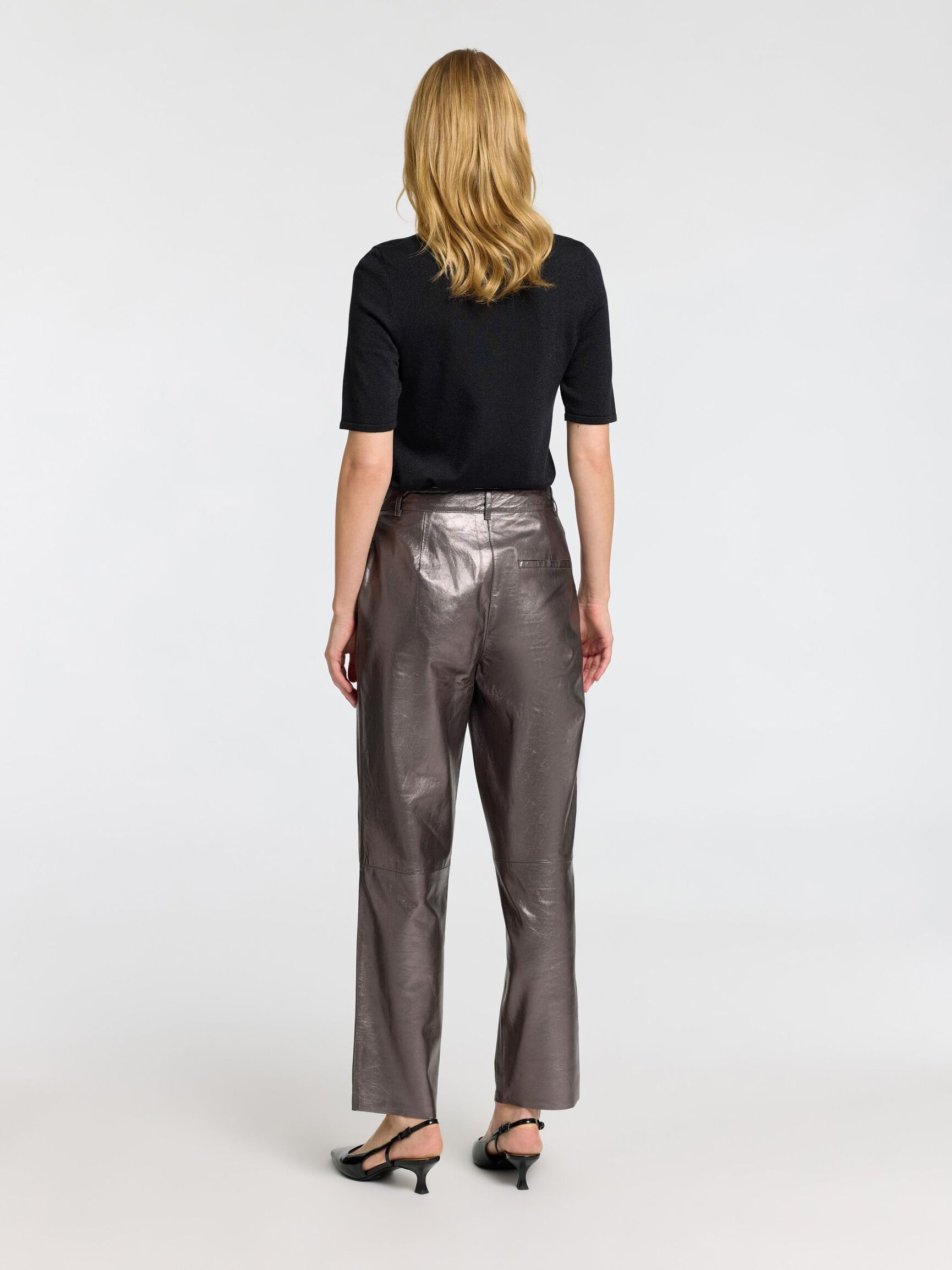 METALLIC LEATHER TROUSERS, Silver, highres