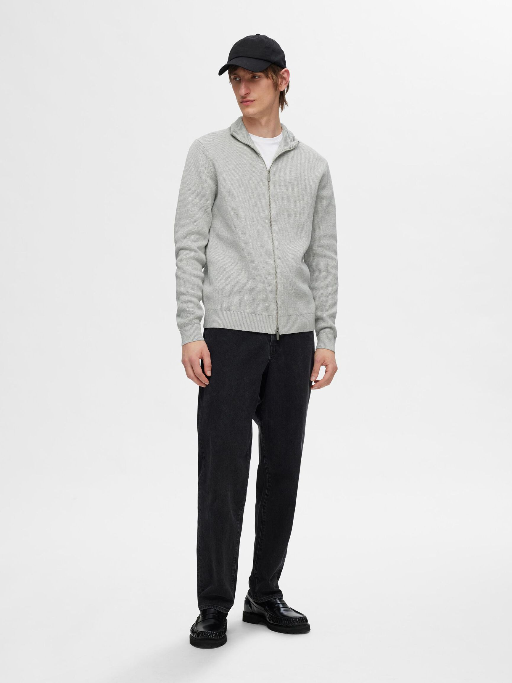 ZIPPED HIGH NECK KNITTED CARDIGAN, Light Grey Melange, highres