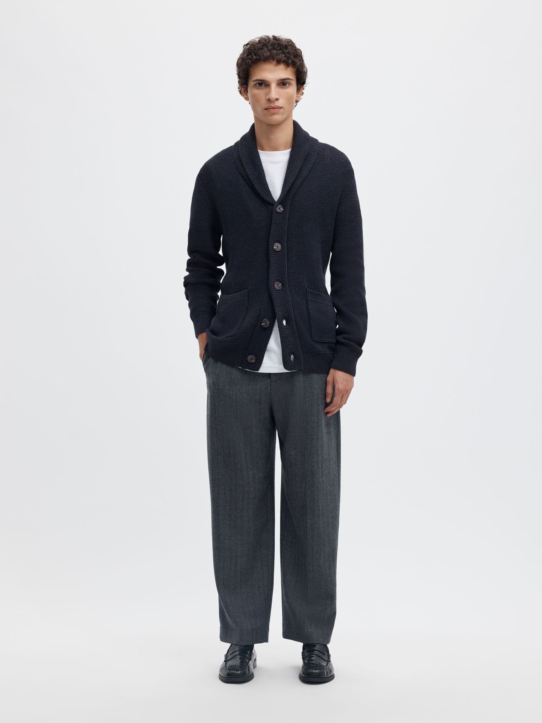 SHAWL-NECK KNITTED CARDIGAN, Maritime Blue, highres