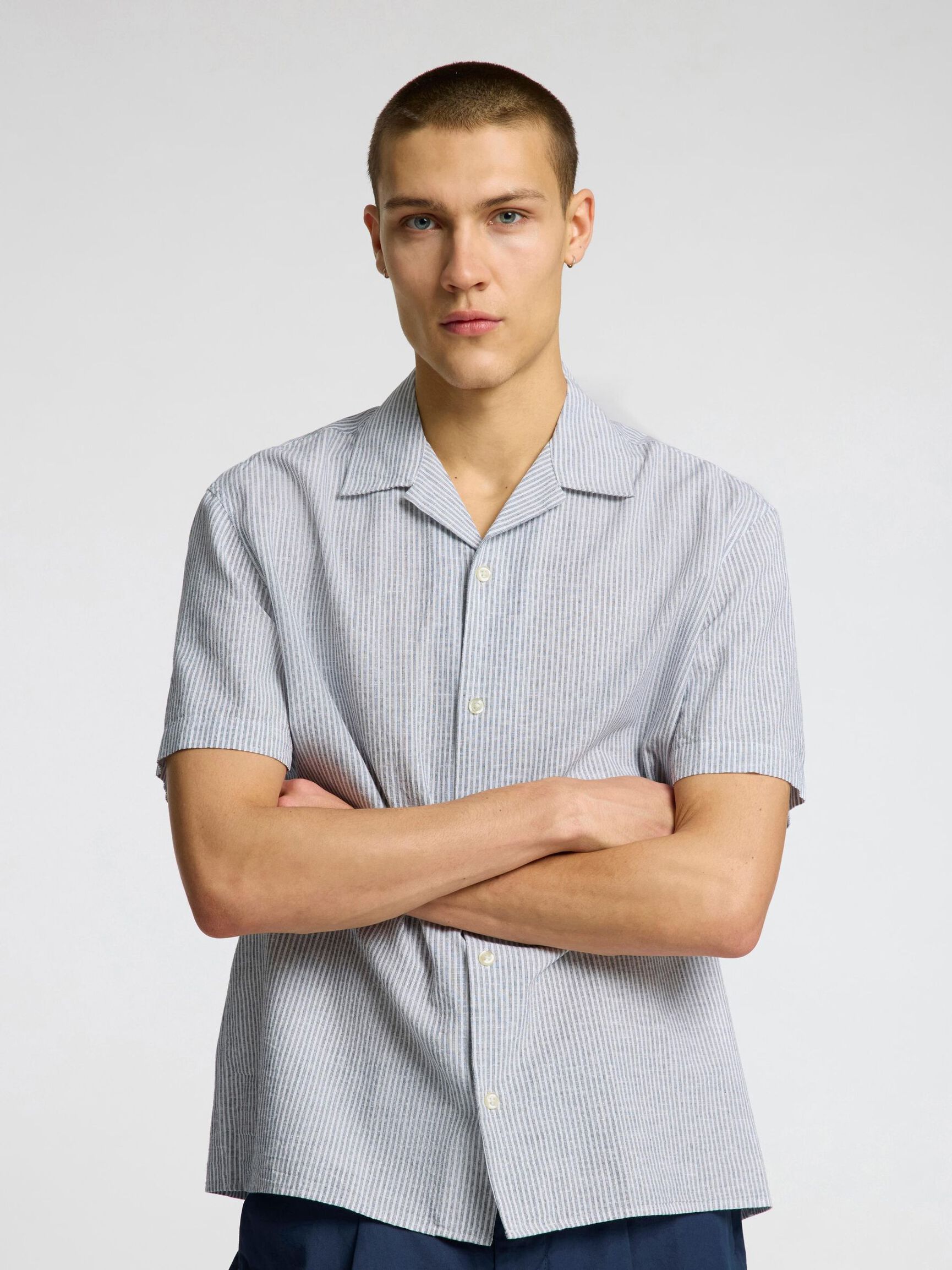 LINEN BLEND SHORT SLEEVED SHIRT, Bright White, highres