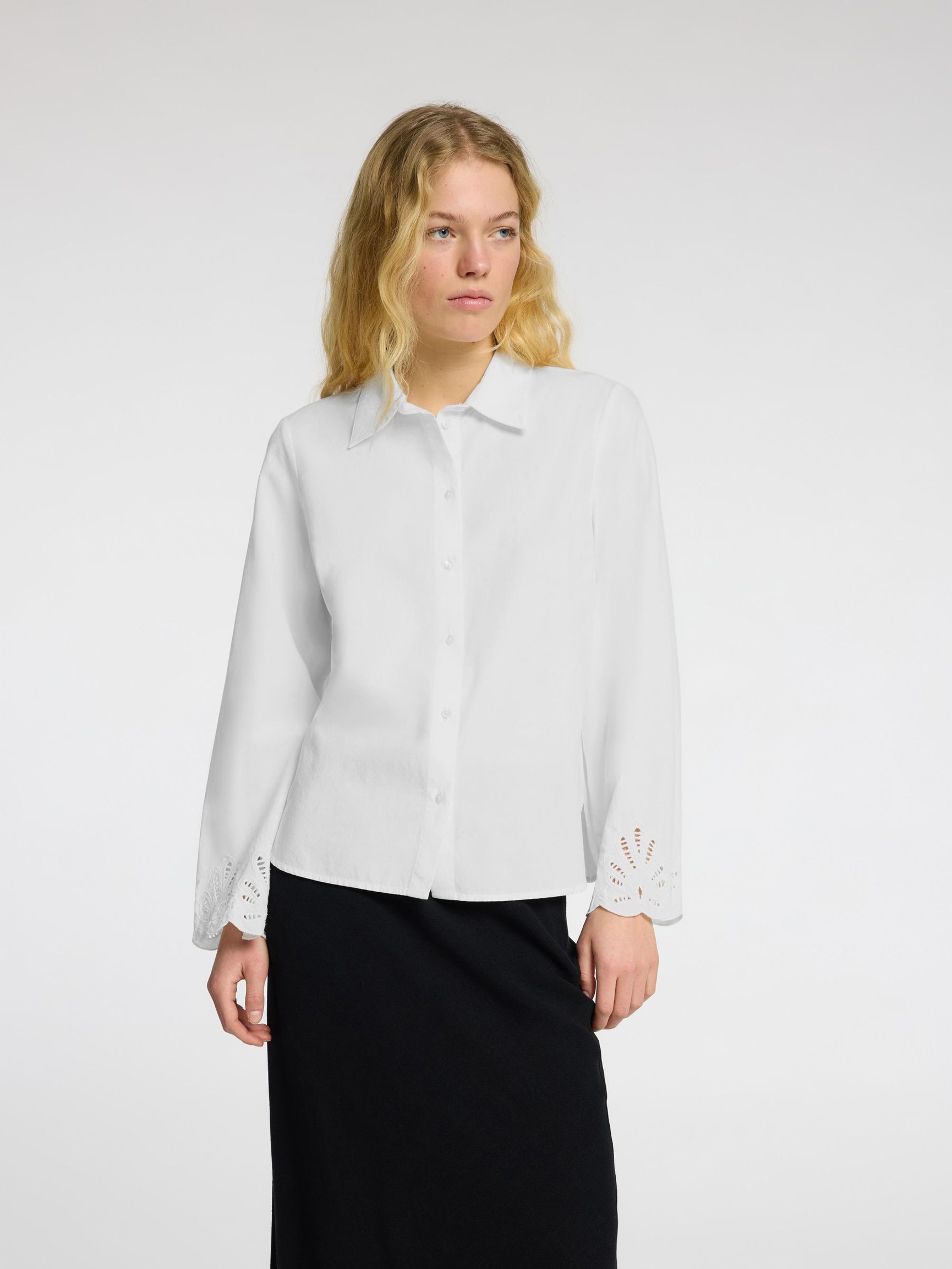 BRODERIE ANGLAISE OVERHEMD MET LANGE MOUWEN, Bright White, highres