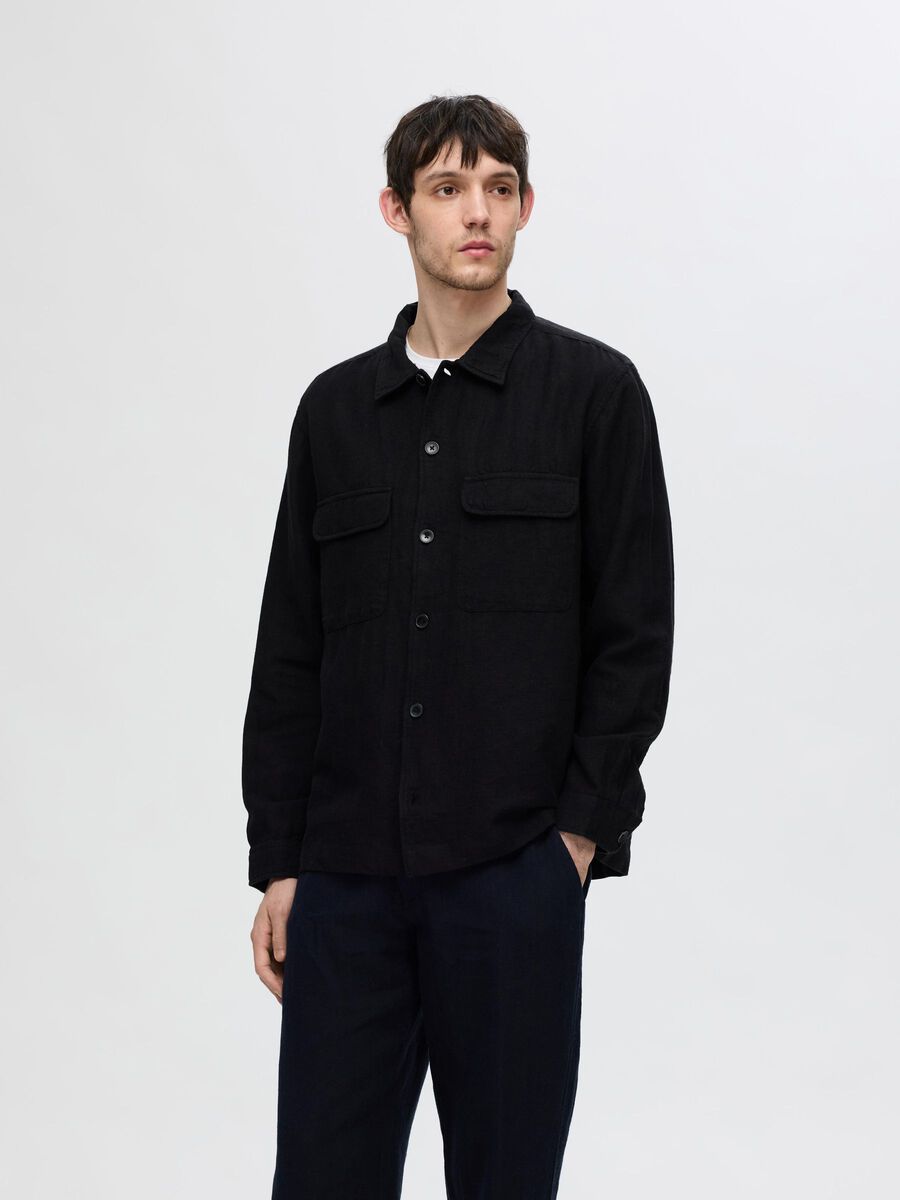 Selected LONG-SLEEVED LINEN BLEND OVERSHIRT, Black, highres - 16092244_Black_003.jpg