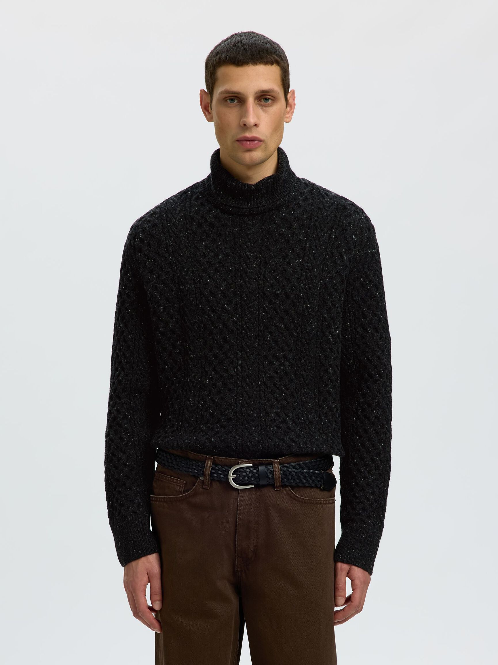 CABLE KNIT TURTLENECK, Black, highres