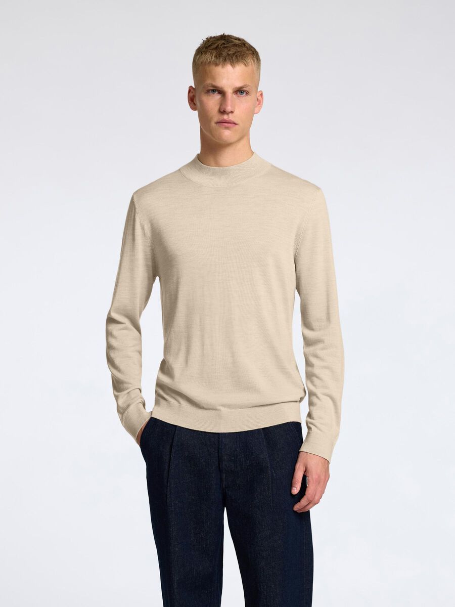 Selected 100% MERINO WOOL MOCK-NECK JUMPER, Oatmeal, highres - 16096253_Oatmeal_003.jpg