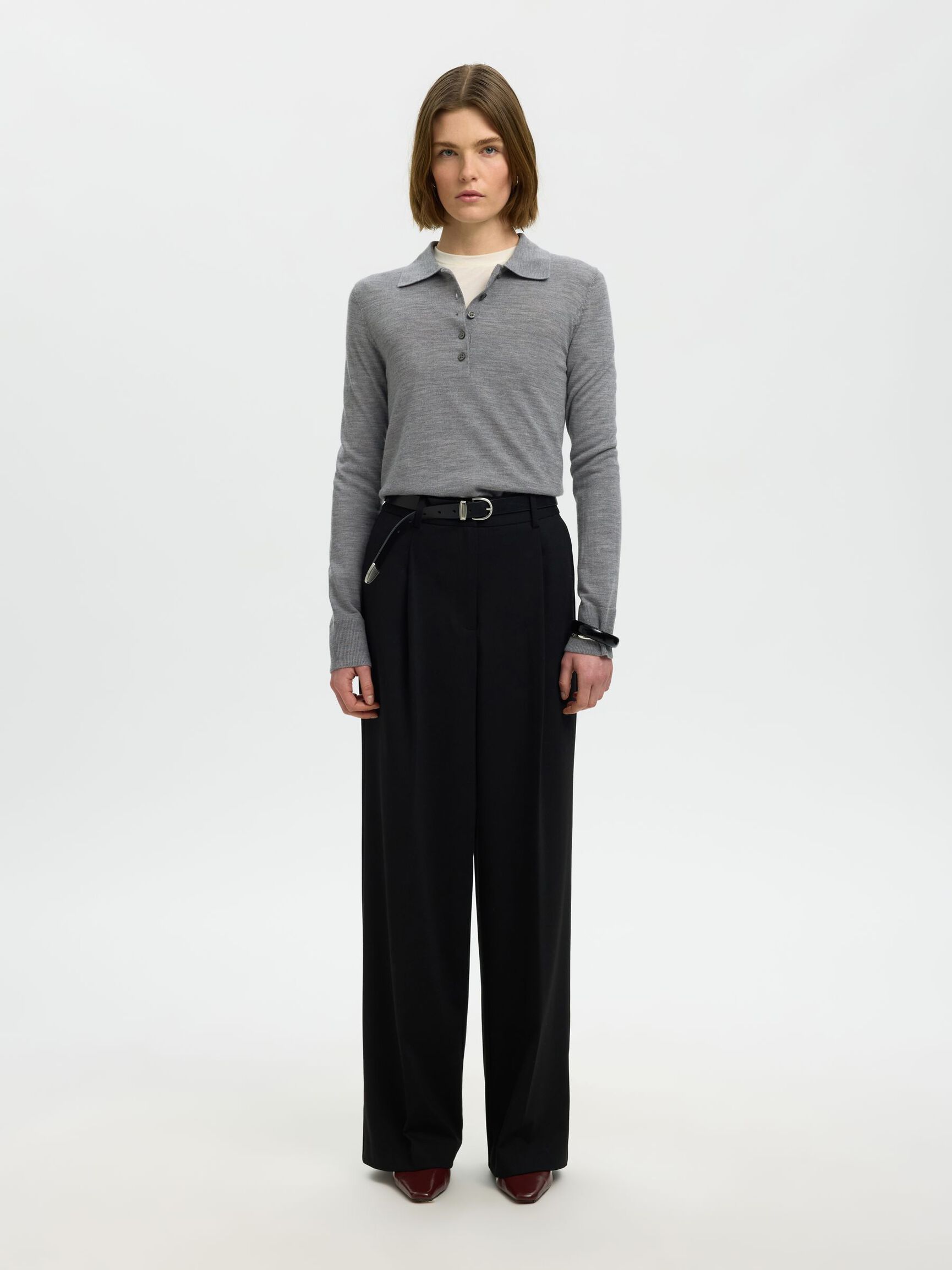 100% MERINOULD STRIKKET POLOSHIRT, Medium Grey Melange, highres