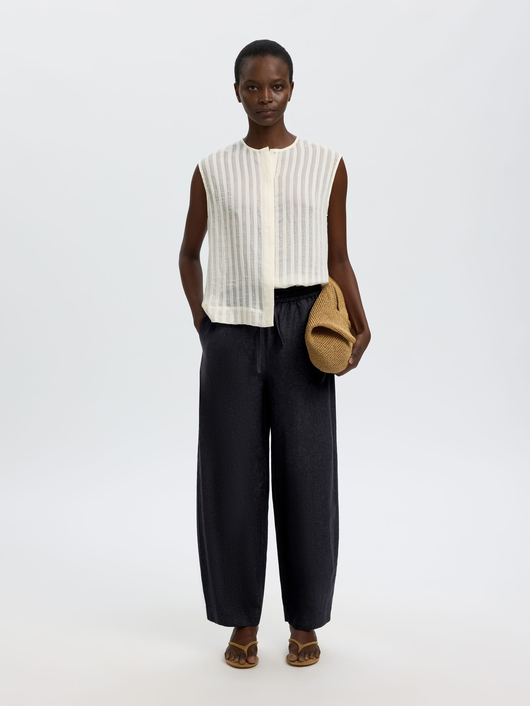 COTTON BLEND BARREL FIT TROUSERS, Dark Navy, highres