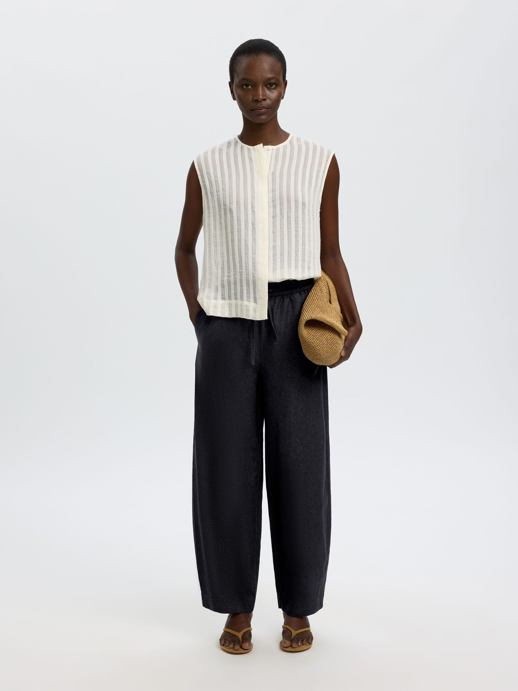 COTTON BLEND BARREL FIT TROUSERS, Dark Navy, highres