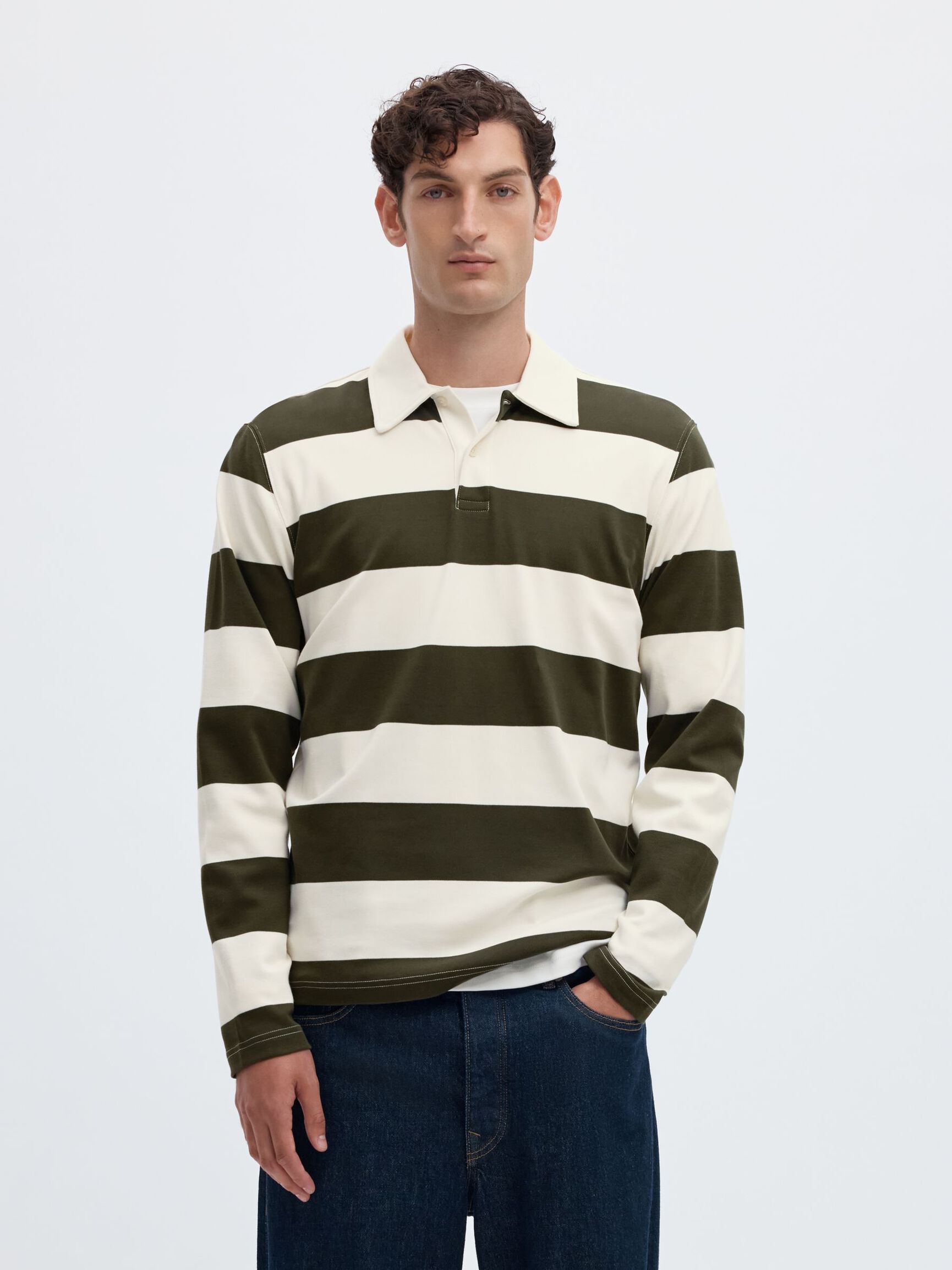 STRIPED COTTON LONG-SLEEVED POLO, Forest Night, highres