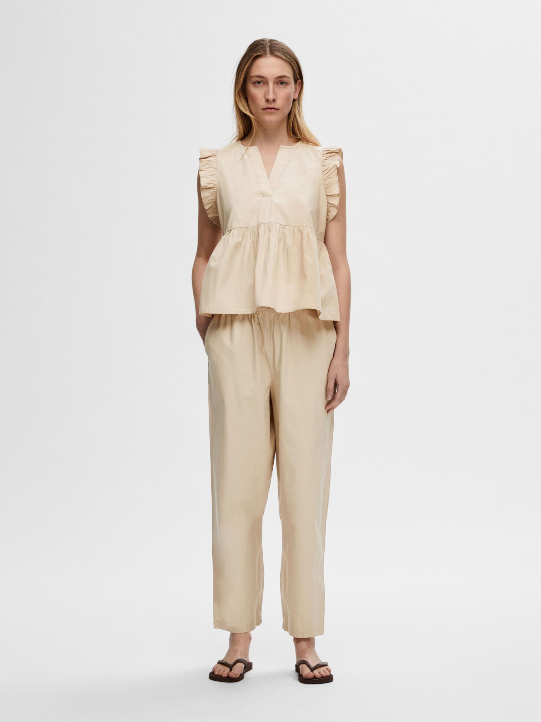 COTTON HIGH WAISTED TROUSERS, Humus, highres