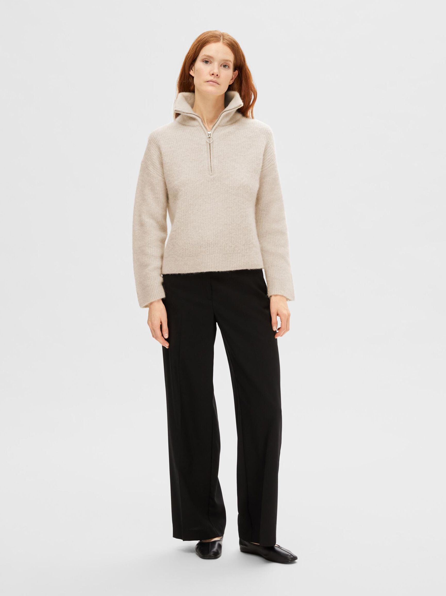 EN LAINE MÉLANGÉE AVEC FERMETURE ÉCLAIR PARTIELLE PULLOVER, Birch, highres