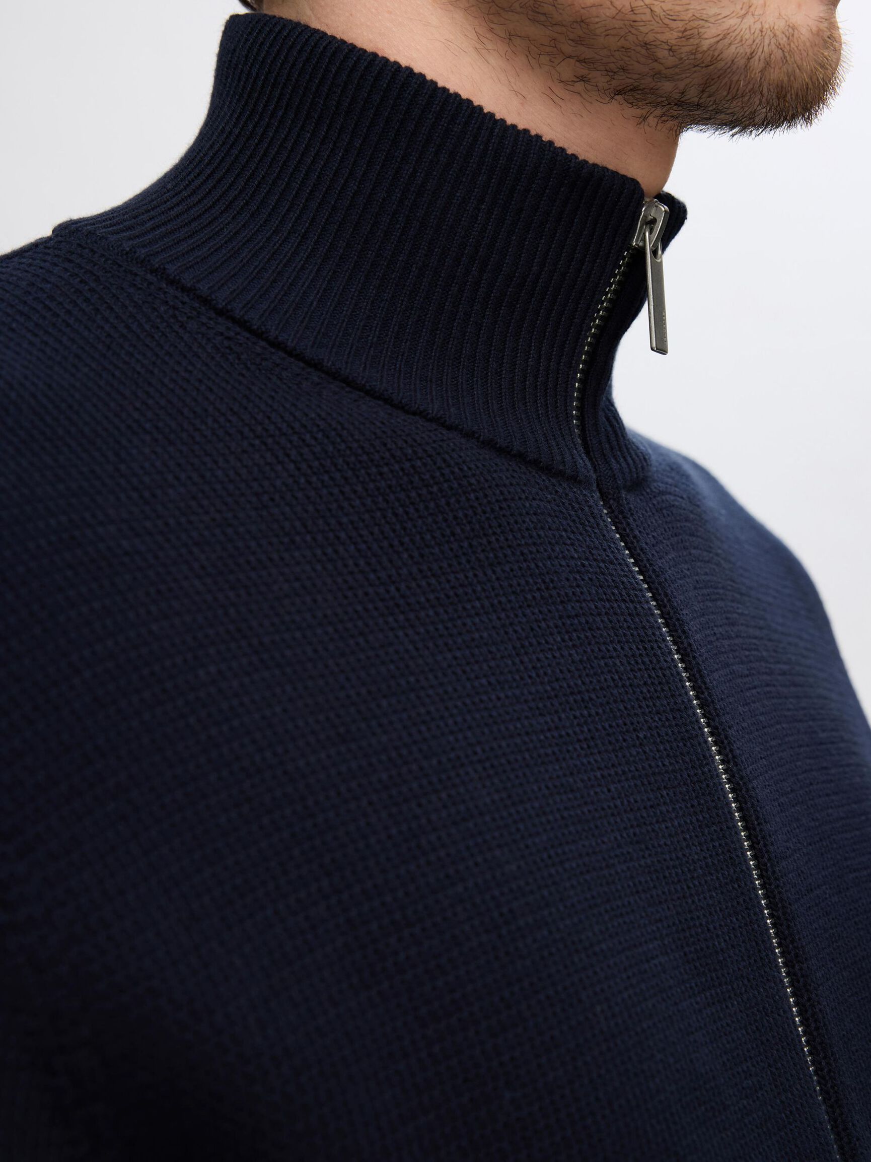 ZIPPED HIGH NECK KNITTED CARDIGAN, Sky Captain, highres