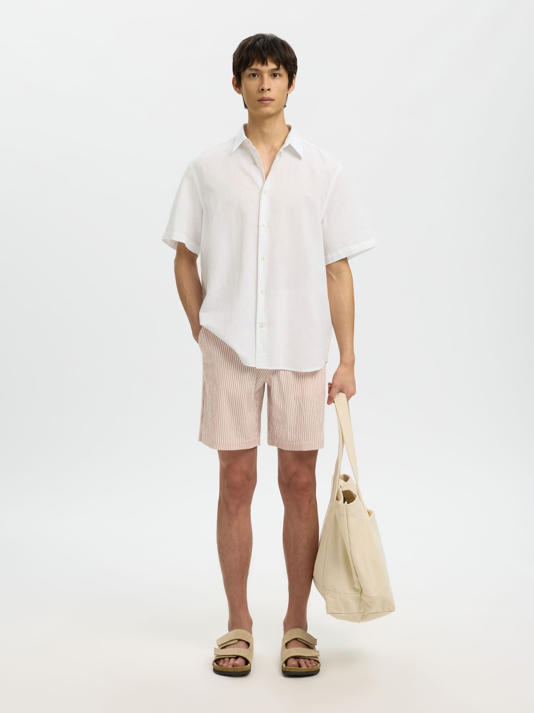 REGULAR FIT SKJORTE I LINBLANDING, Bright White, highres