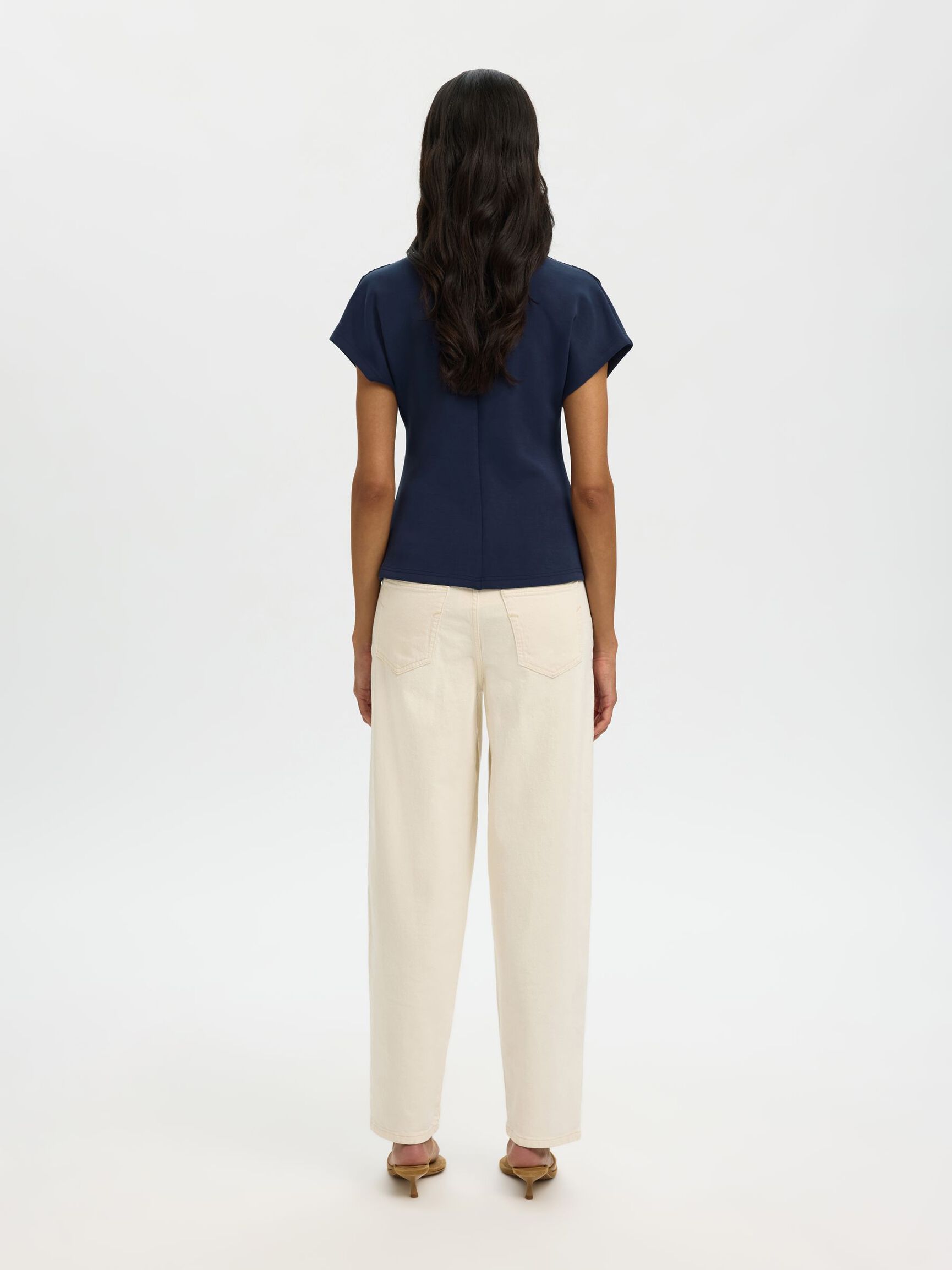 GATHERED V-NECK TOP, Dark Sapphire, highres