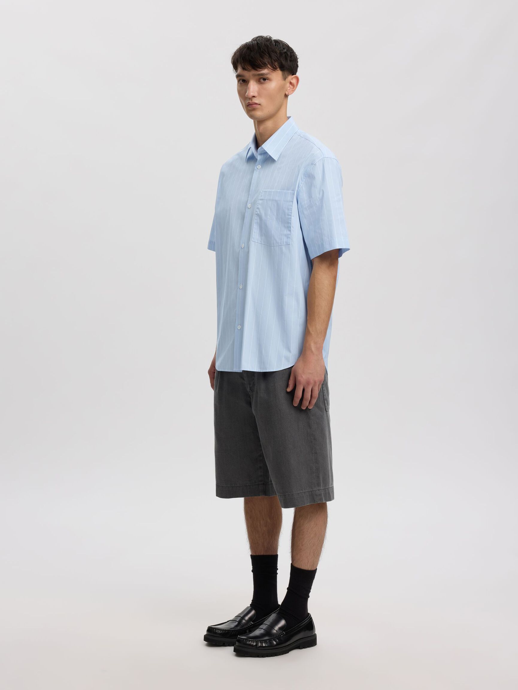 STRIBET KORTÆRMET SKJORTE, Cashmere Blue, highres